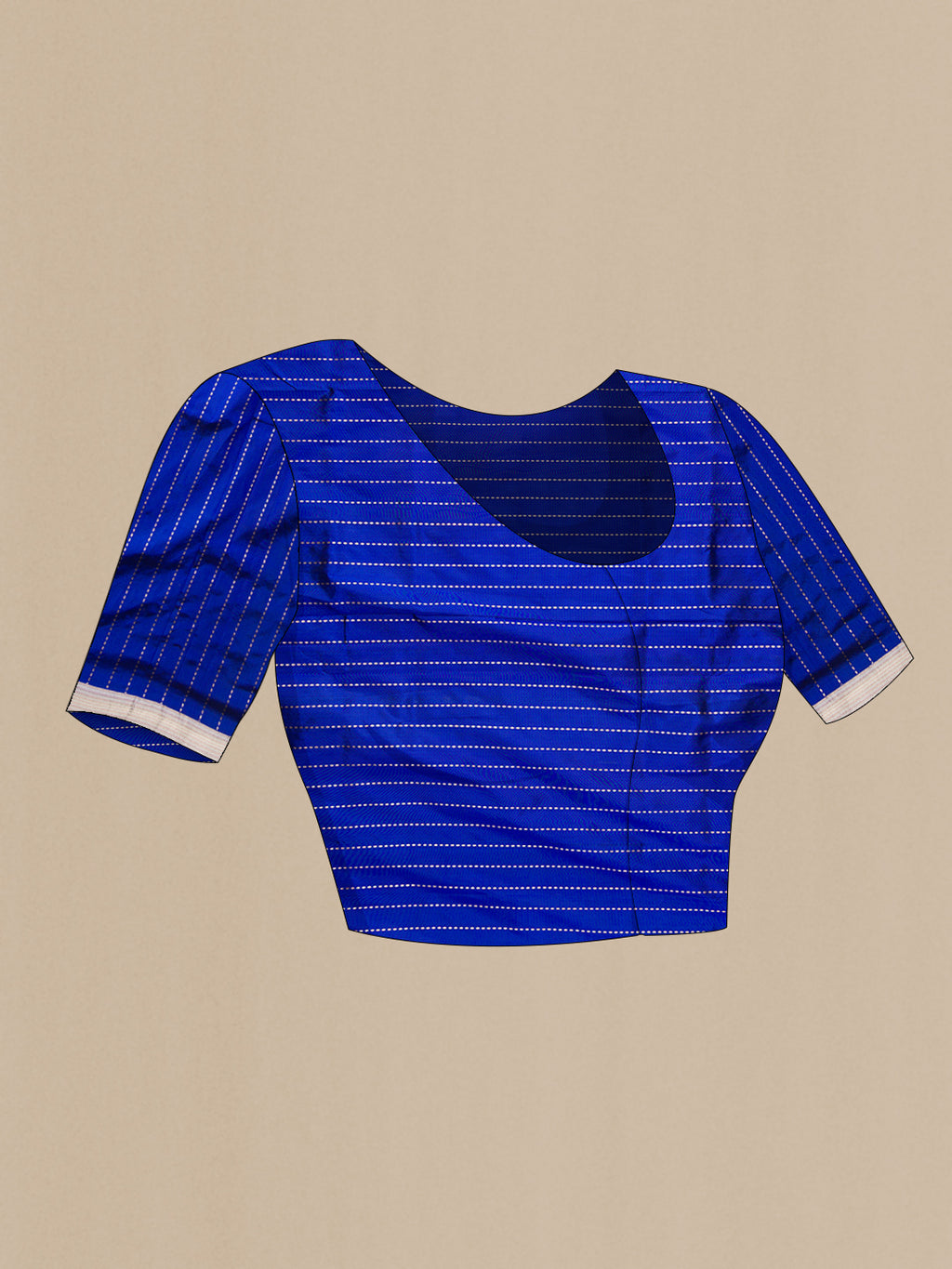 Close up image of the blouse of Pure Silk Royal Blue Dual Tone Banarasi Saree with Stripes on the body and Zari Border. 