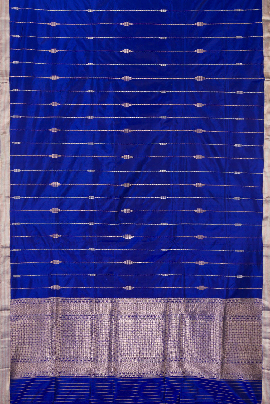 Flat view of Pure Silk Royal Blue Dual Tone Banarasi Saree with Stripes on the body and Zari Border. 