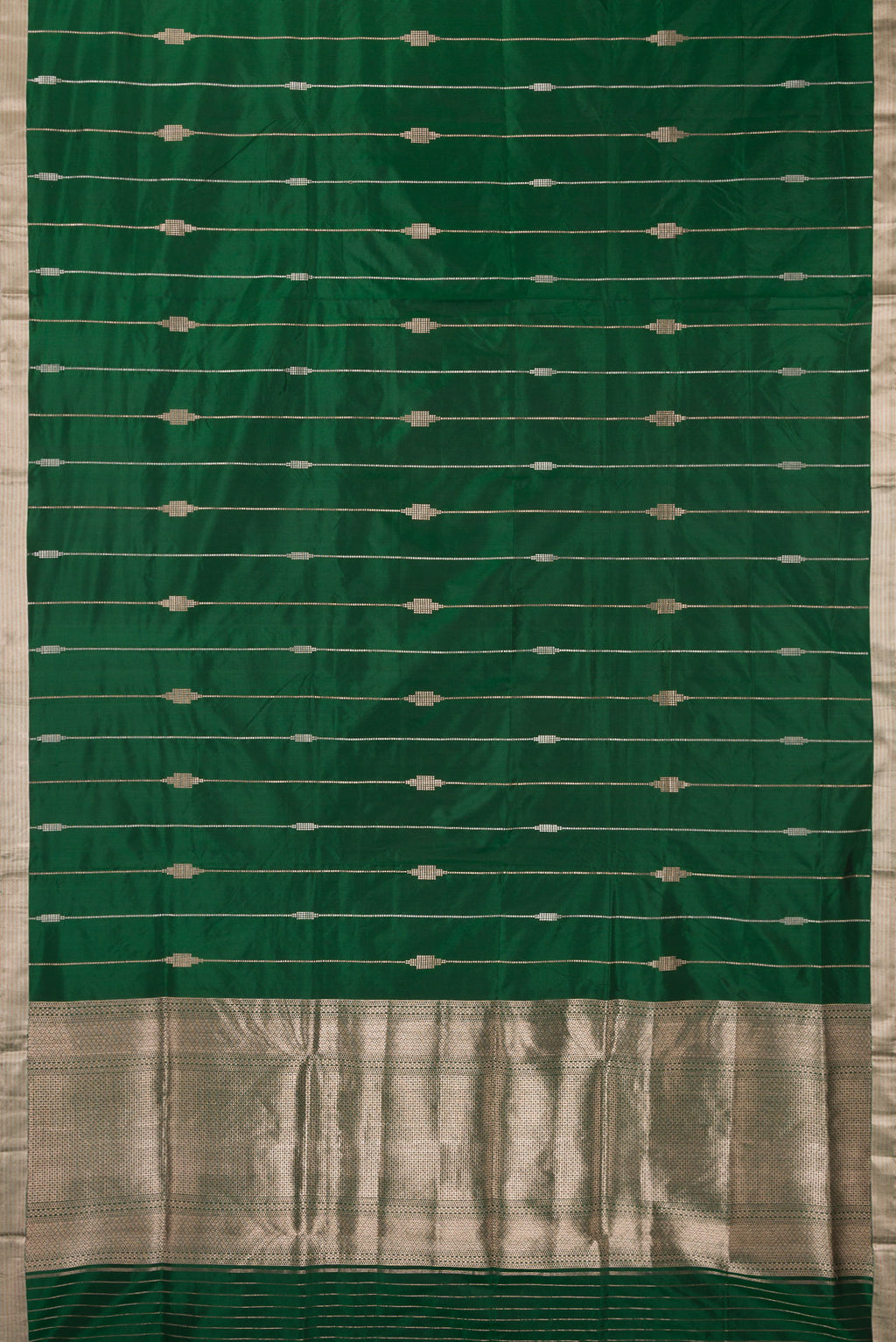 Flat view of Pure Silk Green Dual Tone Banarasi Saree with Stripes on the body and Zari Border. 