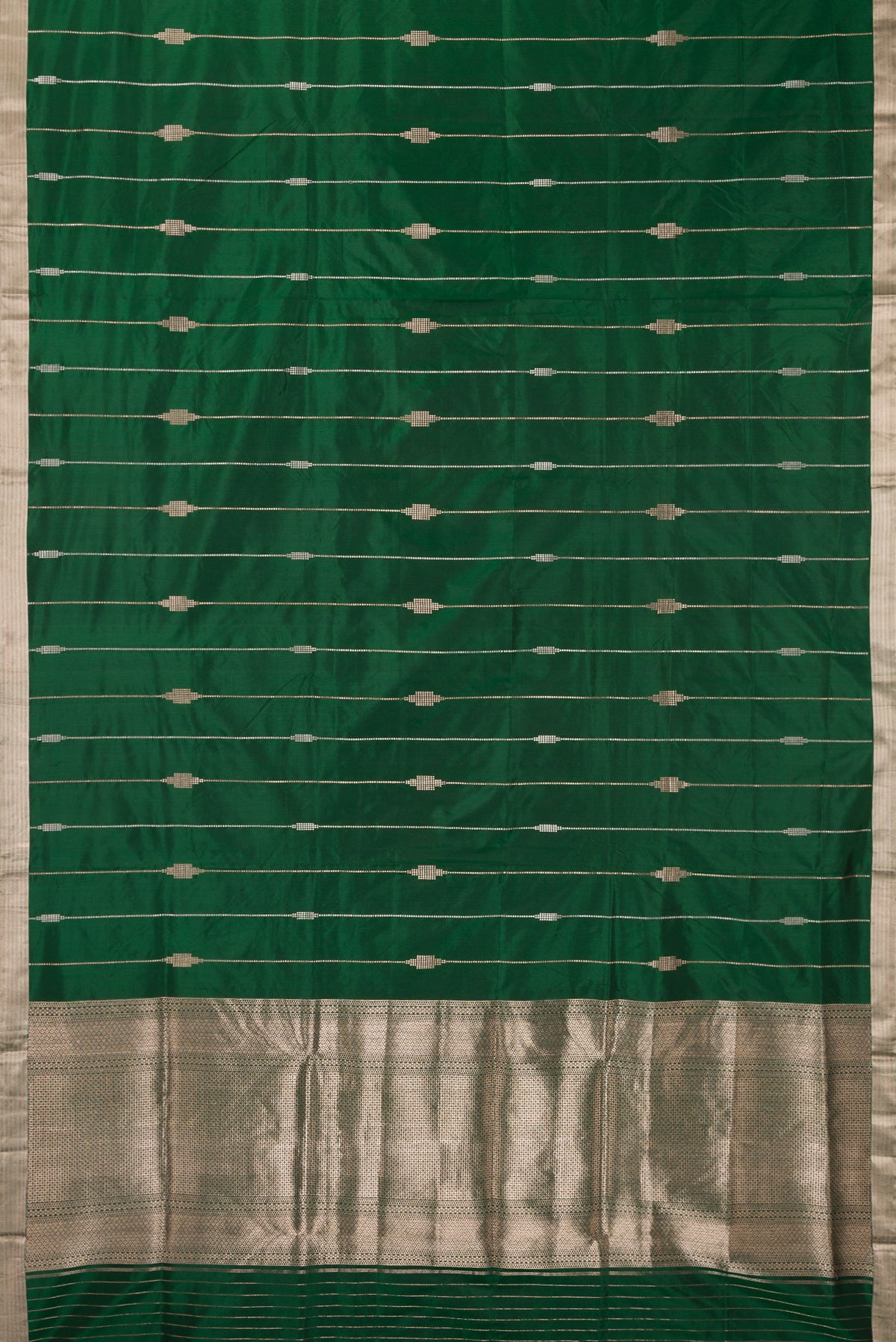 Flat view of Pure Silk Green Dual Tone Banarasi Saree with Stripes on the body and Zari Border. 