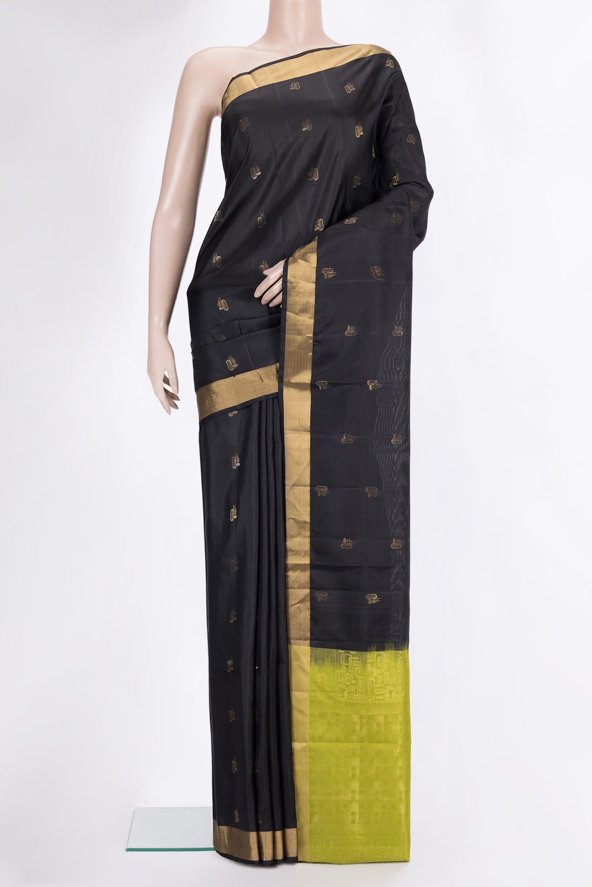 Pure Silk Black Soft Saree with Zari Butta on the body and Zari Border.  displayed on a mannequin