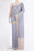Pure Silk Grey Soft Saree with Zari Butta on the body and Zari Border.  displayed on a mannequin