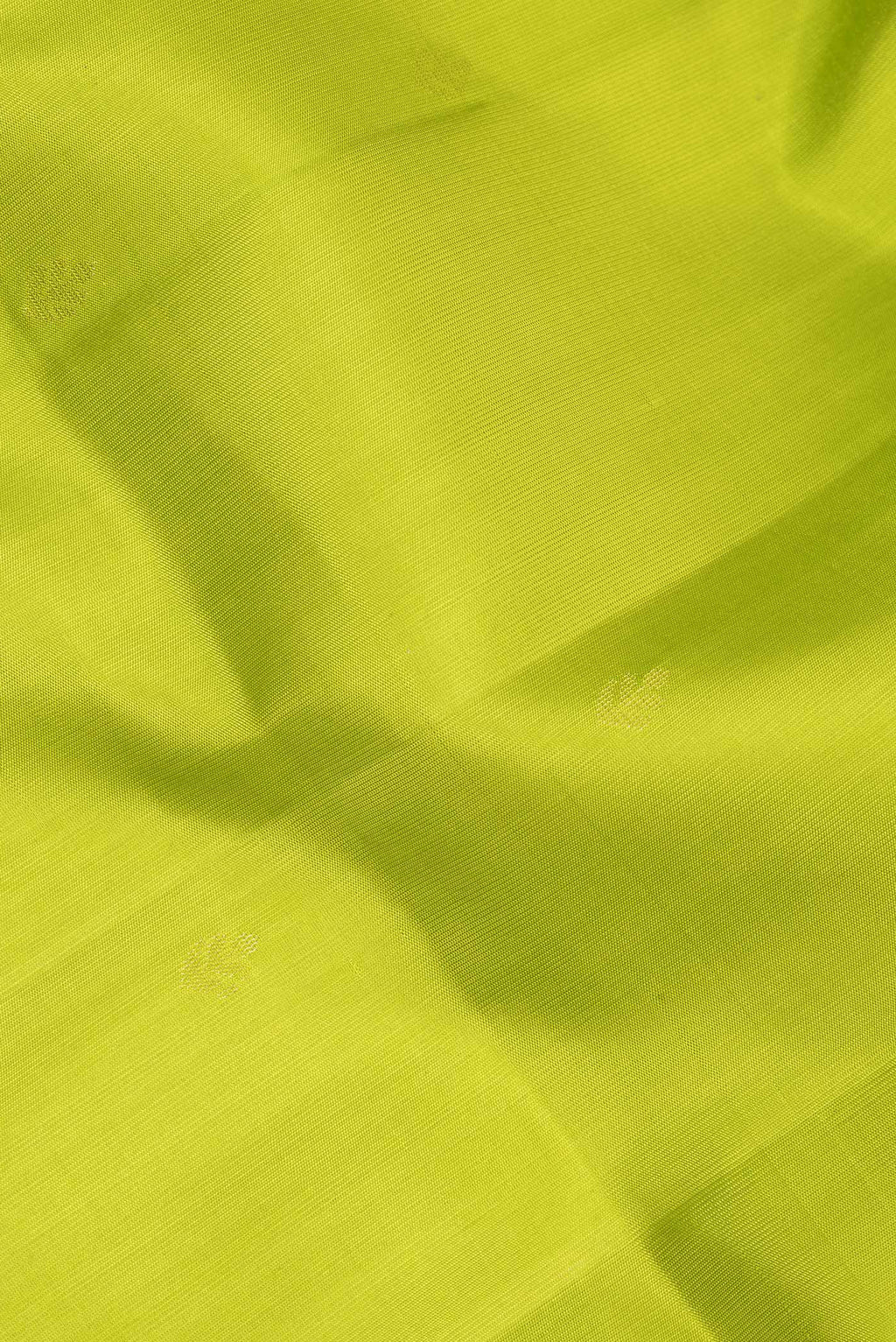 Close up of Pure Silk Parrot Green Soft Saree with Zari Butta on the body and Zari Border.  displaying folds