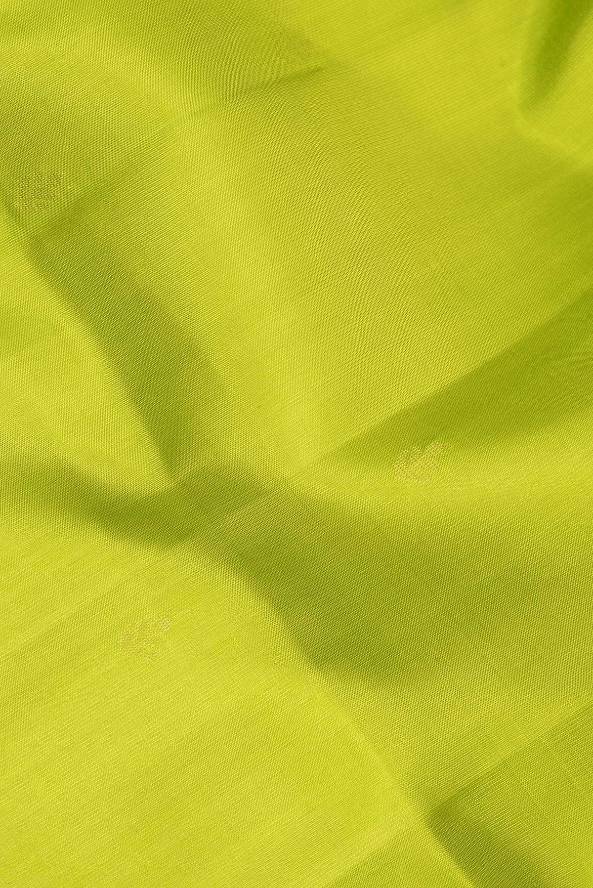 Close up of Pure Silk Parrot Green Soft Saree with Zari Butta on the body and Zari Border.  displaying folds