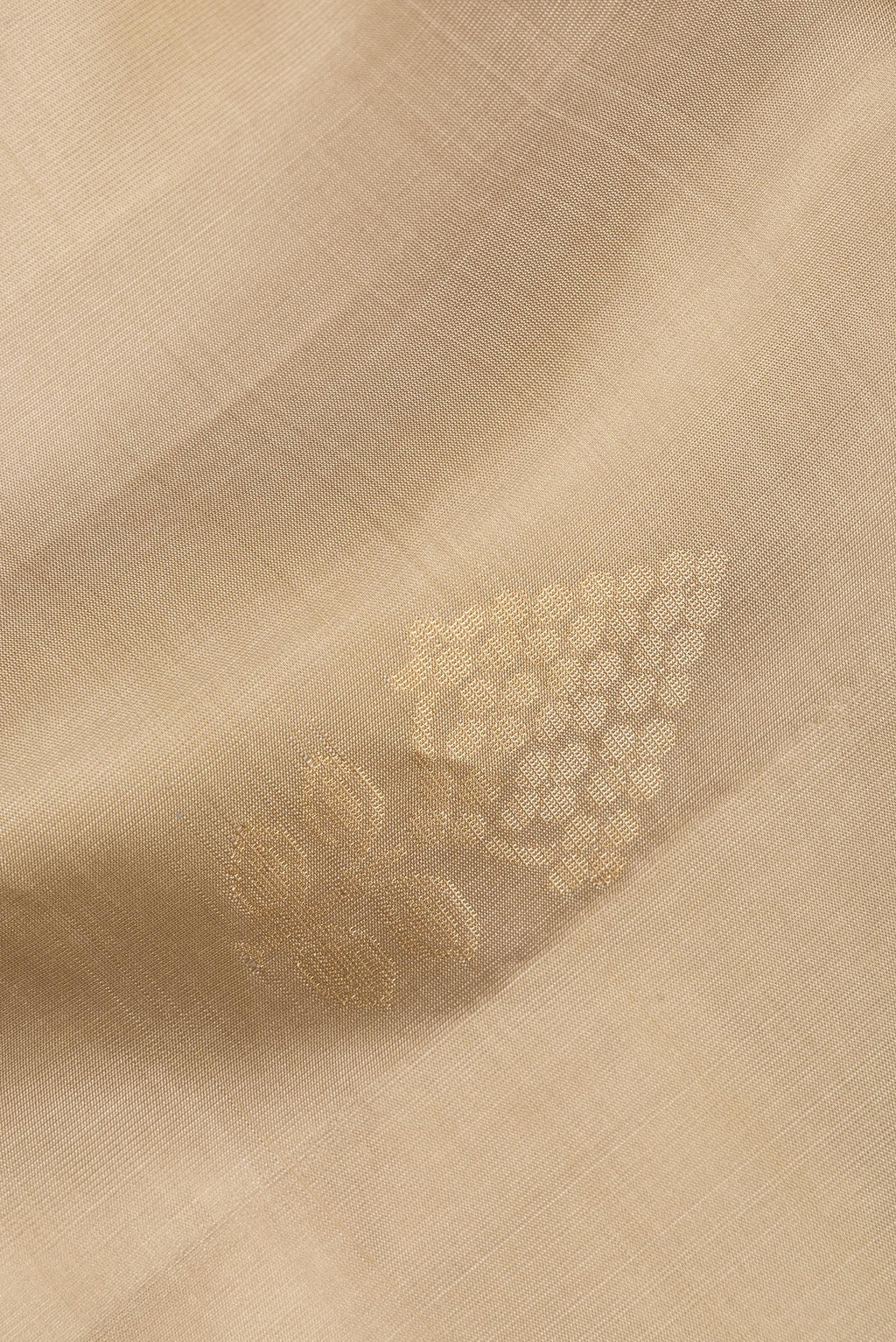 Close up of Pure Silk Beige Soft Saree with Zari Butta on the body and Zari Border.  displaying folds