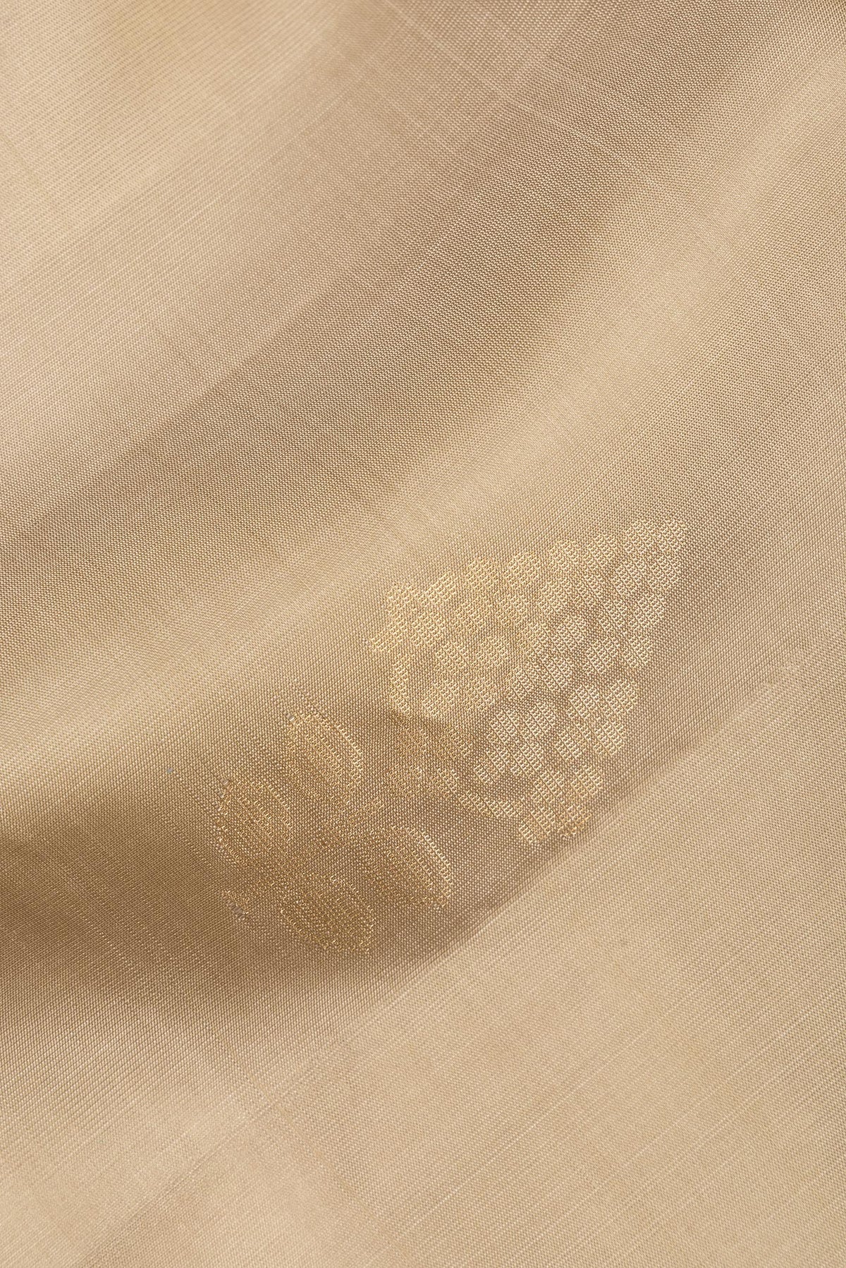 Close up of Pure Silk Beige Soft Saree with Zari Butta on the body and Zari Border.  displaying folds
