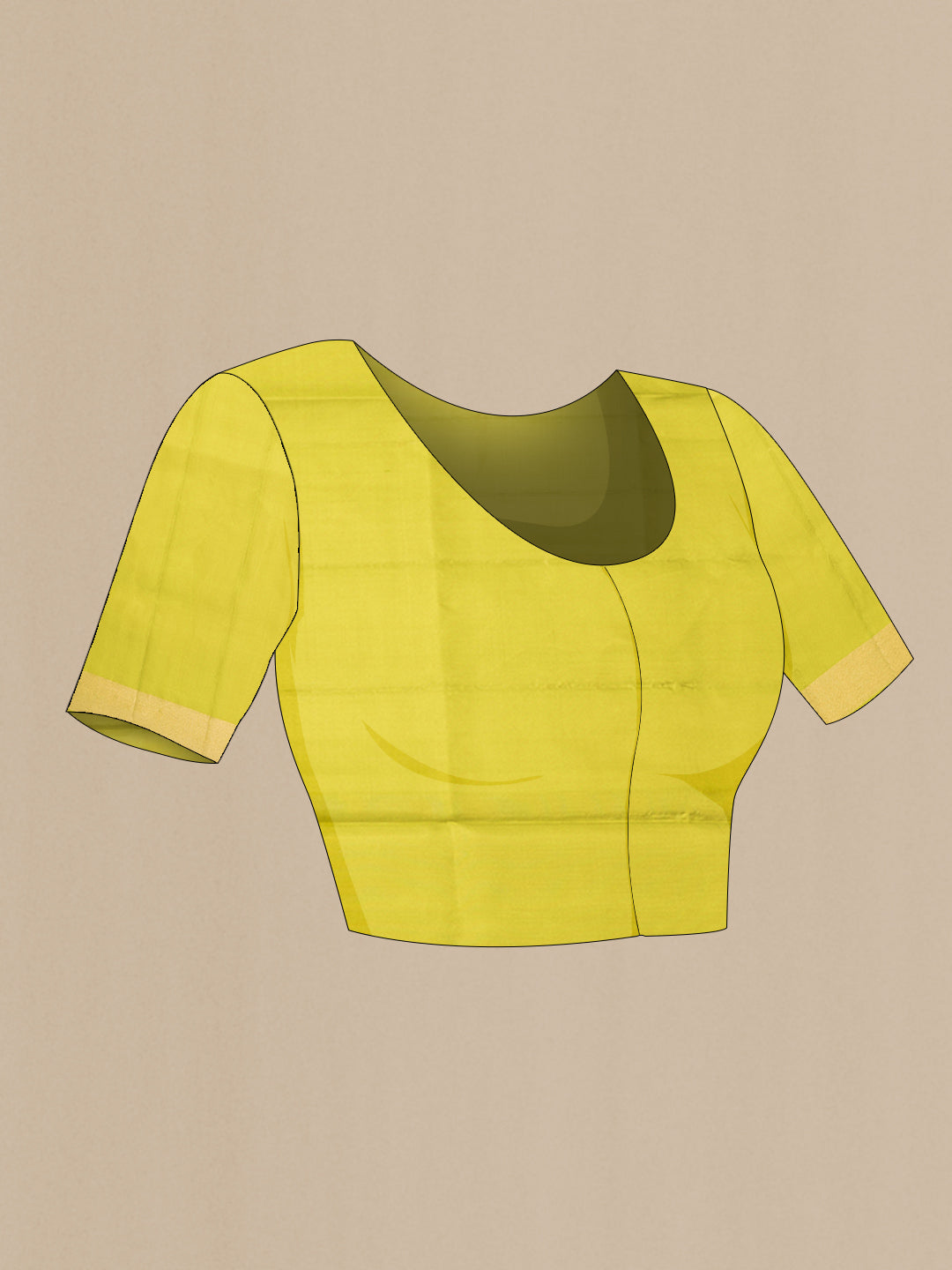 Close up image of the blouse of Pure Silk Mustard Soft Saree with Zari Butta on the body and Zari Border. 
