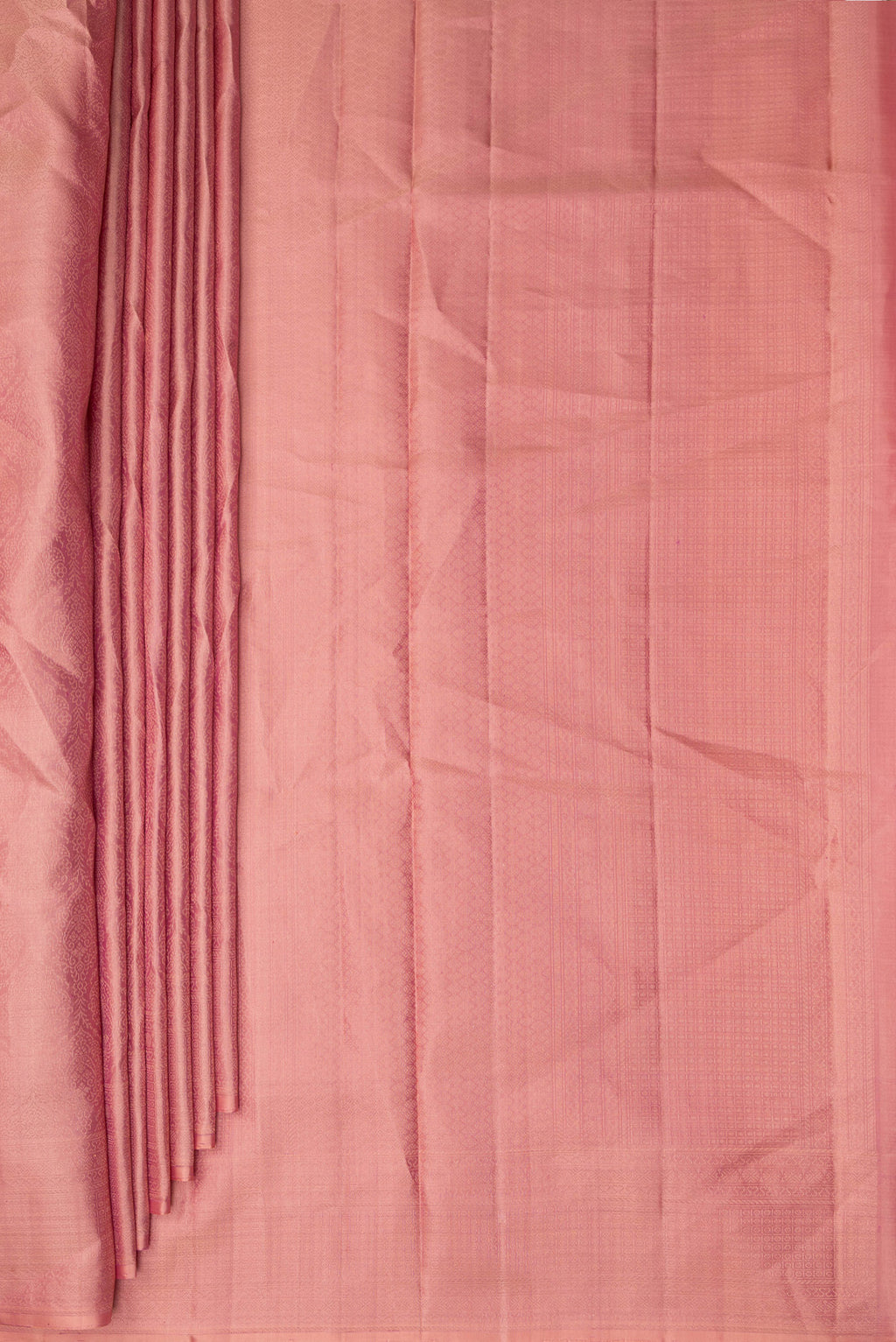 Pleats and pallu of Pure Silk Coral Soft Saree with Zari Brocade on the body and Fancy Border. 