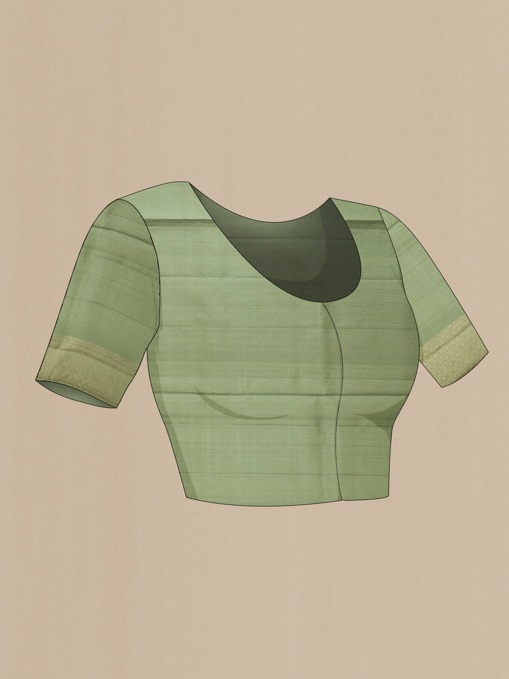 Close up image of the blouse of Pure Silk Olive Green Soft Saree with Zari Brocade on the body and Fancy Border. 