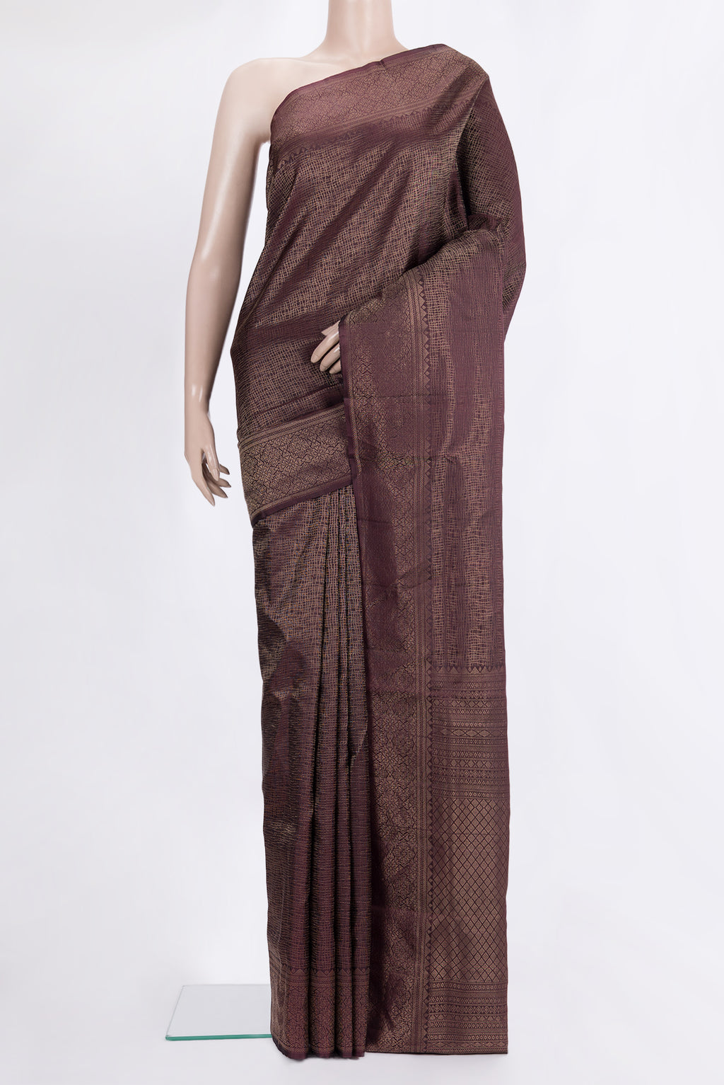 Pure Silk Coffee Brown Soft Saree with Zari Brocade on the body and Fancy Border.  displayed on a mannequin