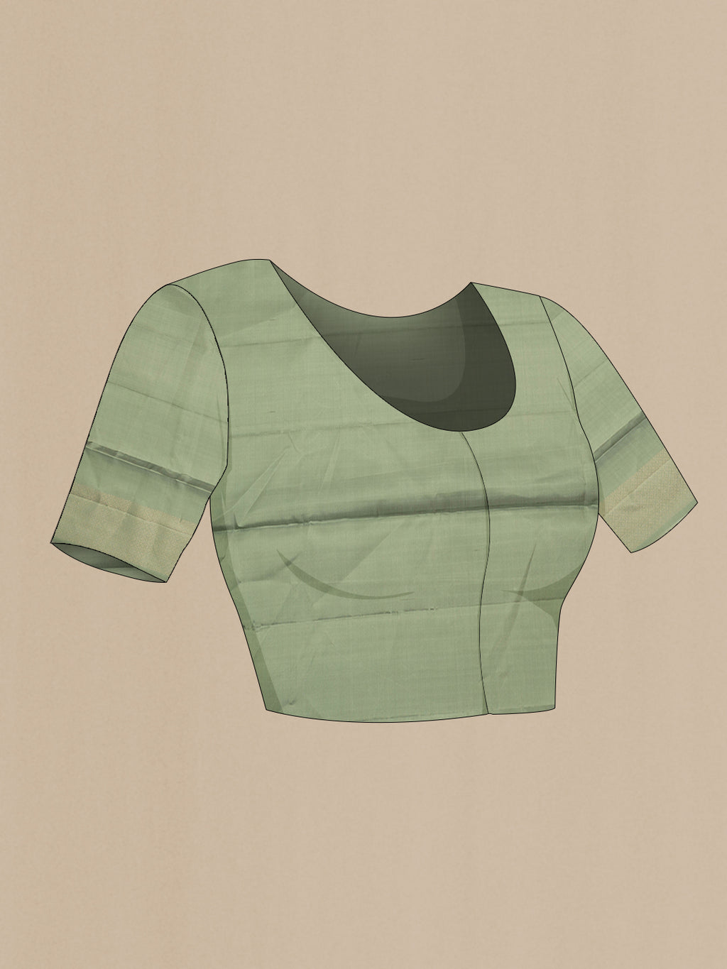 Close up image of the blouse of Pure Silk Sage Green Soft Saree with Zari Brocade on the body and Fancy Border. 