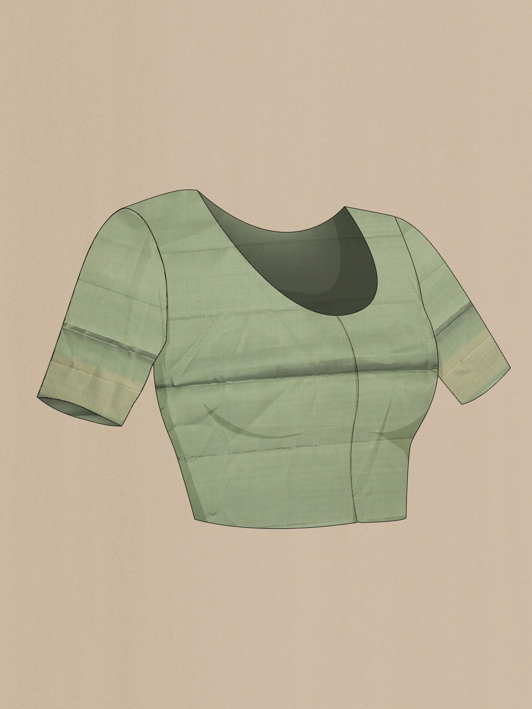Close up image of the blouse of Pure Silk Sage Green Soft Saree with Zari Brocade on the body and Fancy Border. 