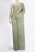 Pure Silk Sage Green Soft Saree with Zari Brocade on the body and Fancy Border.  displayed on a mannequin