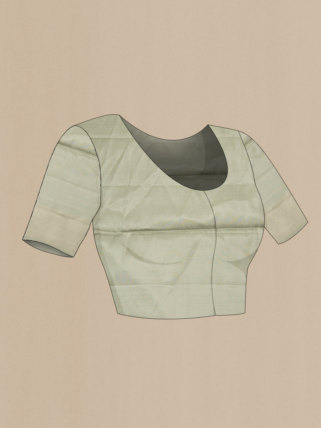 Close up image of the blouse of Pure Silk Sage Green Soft Saree with Zari Brocade on the body and Fancy Border. 
