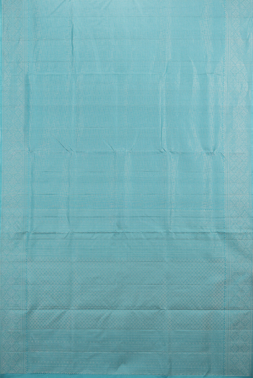 Flat view of Pure Silk Sky Blue Soft Saree with Zari Brocade on the body and Fancy Border. 