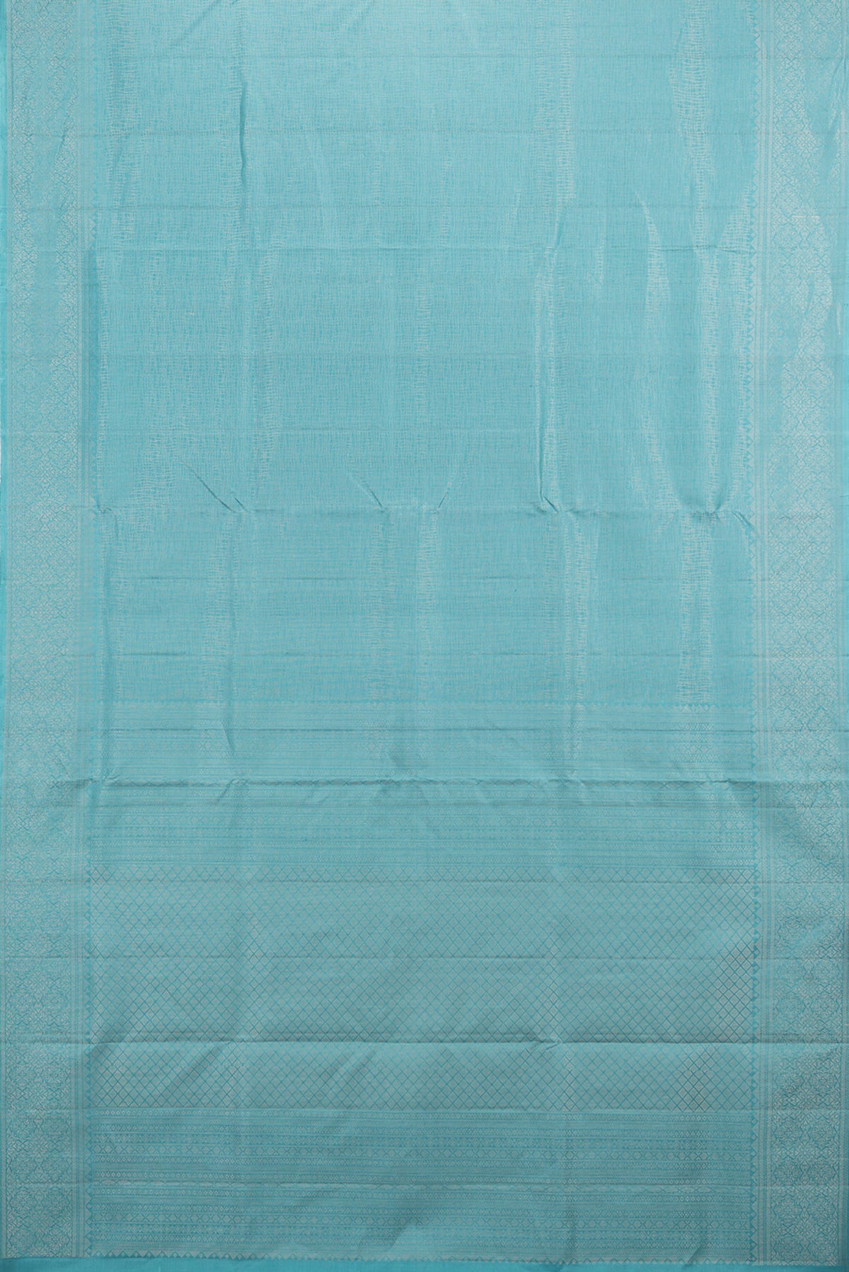 Flat view of Pure Silk Sky Blue Soft Saree with Zari Brocade on the body and Fancy Border. 