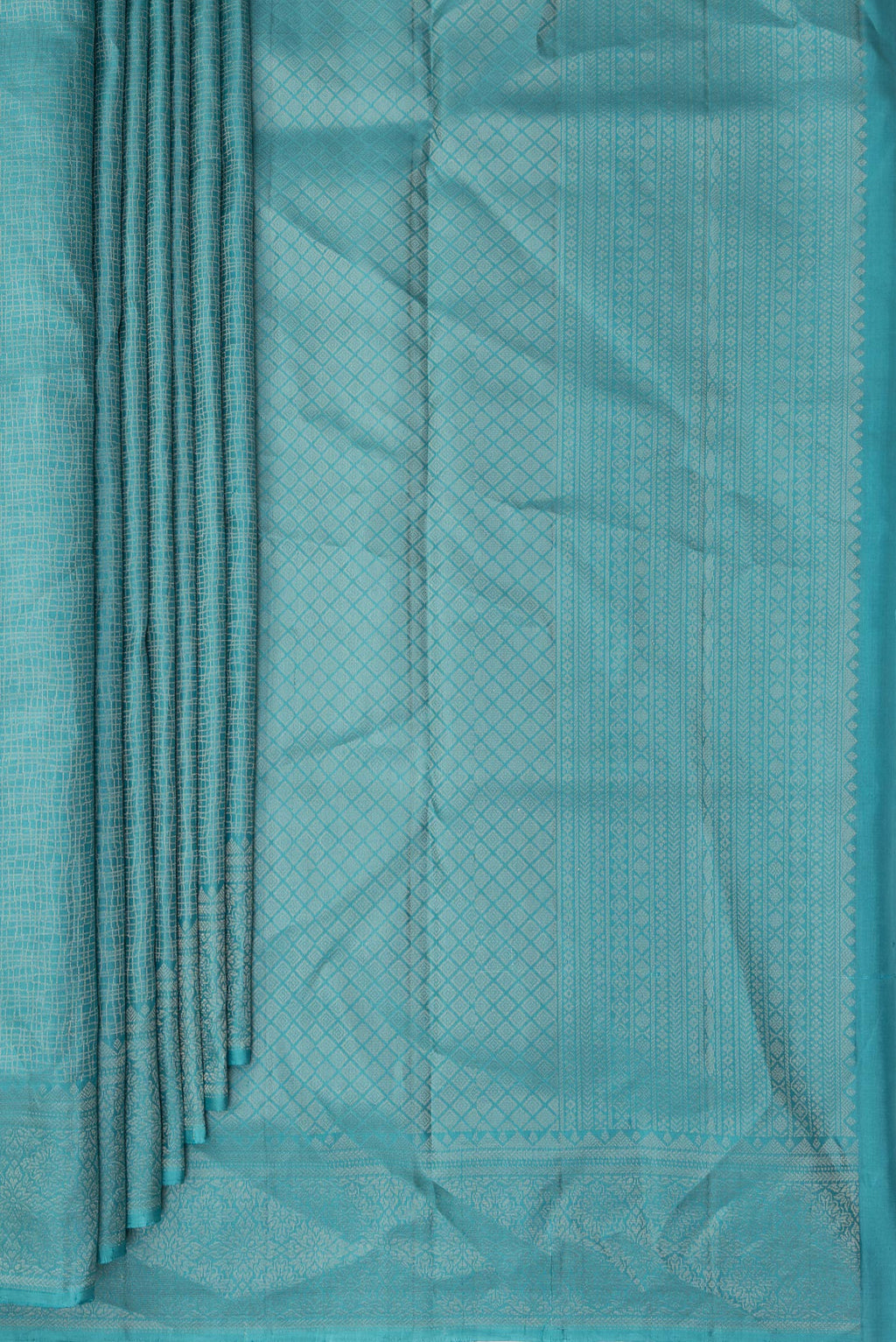 Pleats and pallu of Pure Silk Sky Blue Soft Saree with Zari Brocade on the body and Fancy Border. 