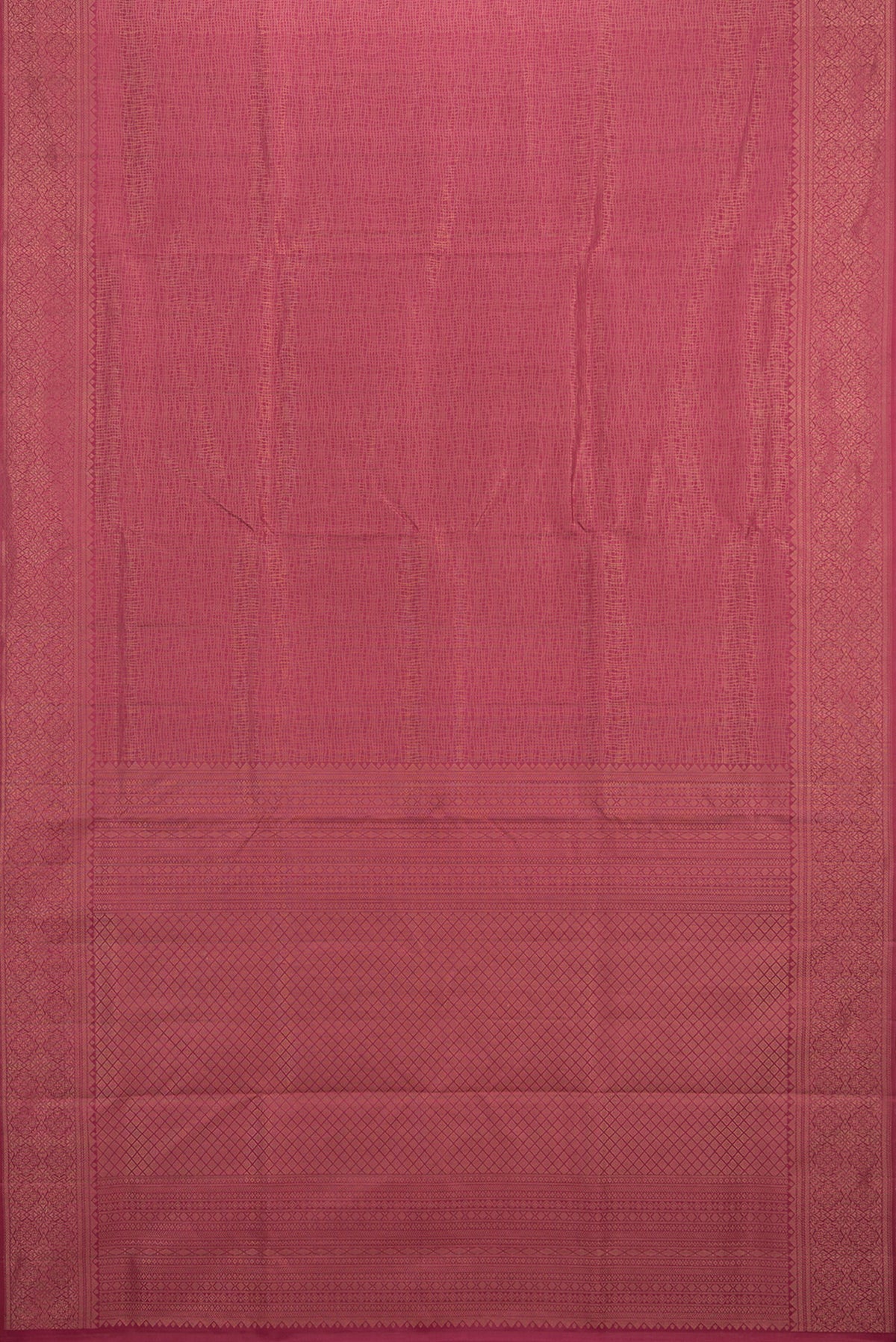 Flat view of Pure Silk Coral Soft Saree with Zari Brocade on the body and Fancy Border. 
