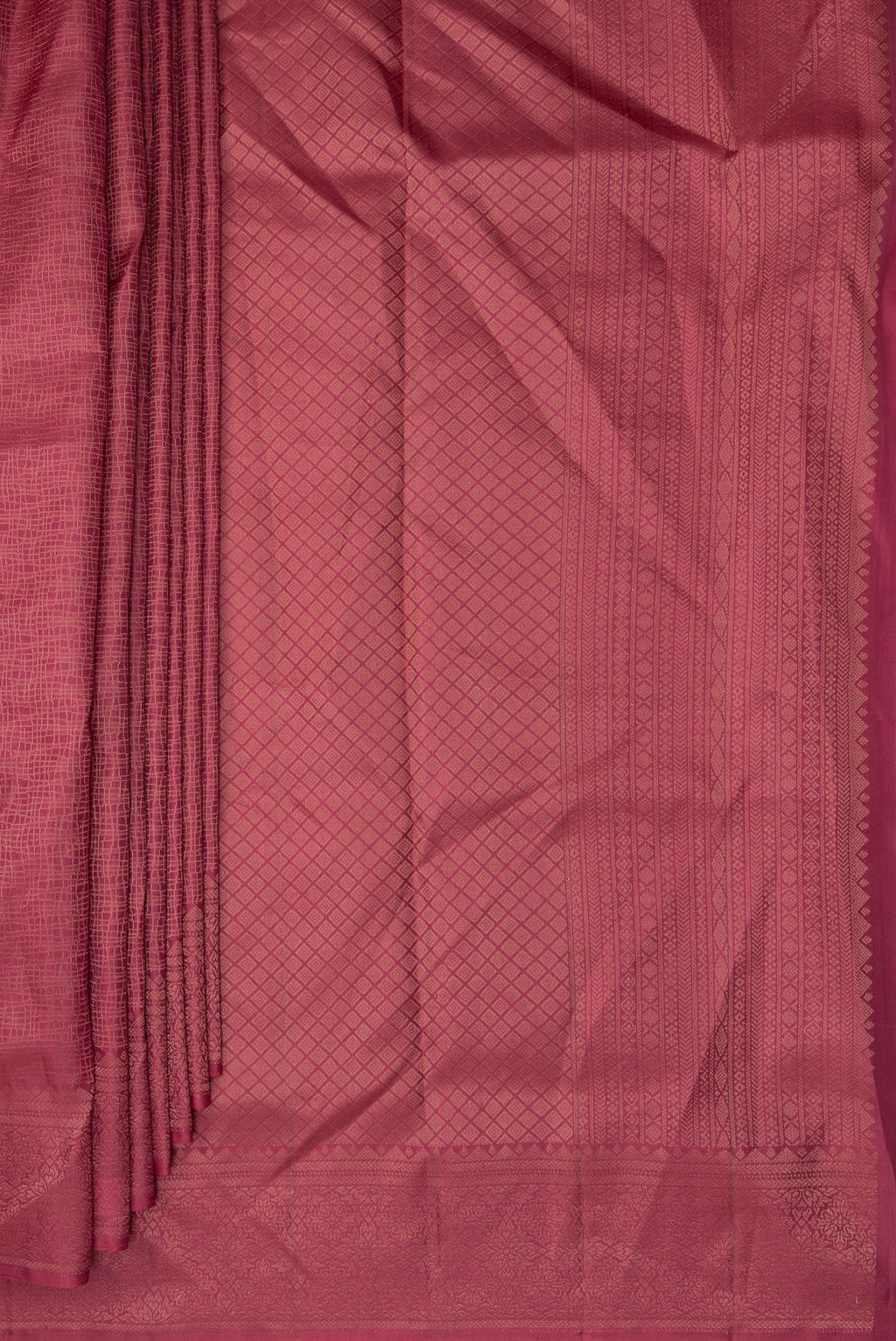Pleats and pallu of Pure Silk Coral Soft Saree with Zari Brocade on the body and Fancy Border. 