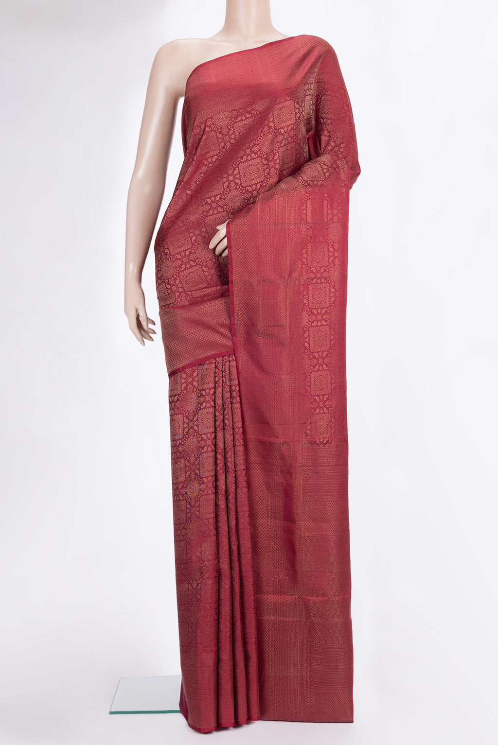 Pure Silk Maroon Soft Saree with Zari Brocade on the body and Fancy Border.  displayed on a mannequin