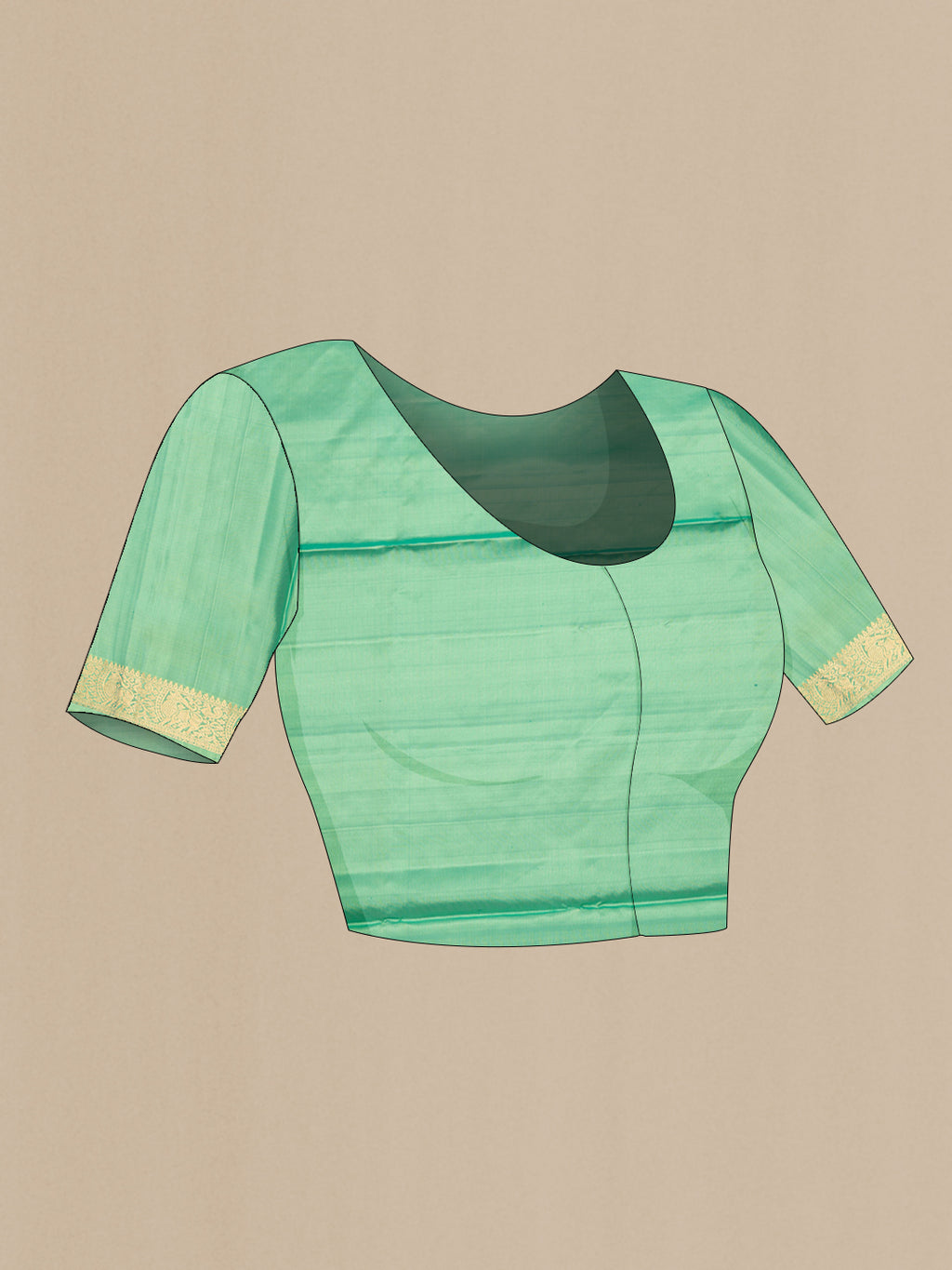 Close up image of the blouse of Pure Silk Green Soft Saree with Zari Butta on the body and Zari Border. 