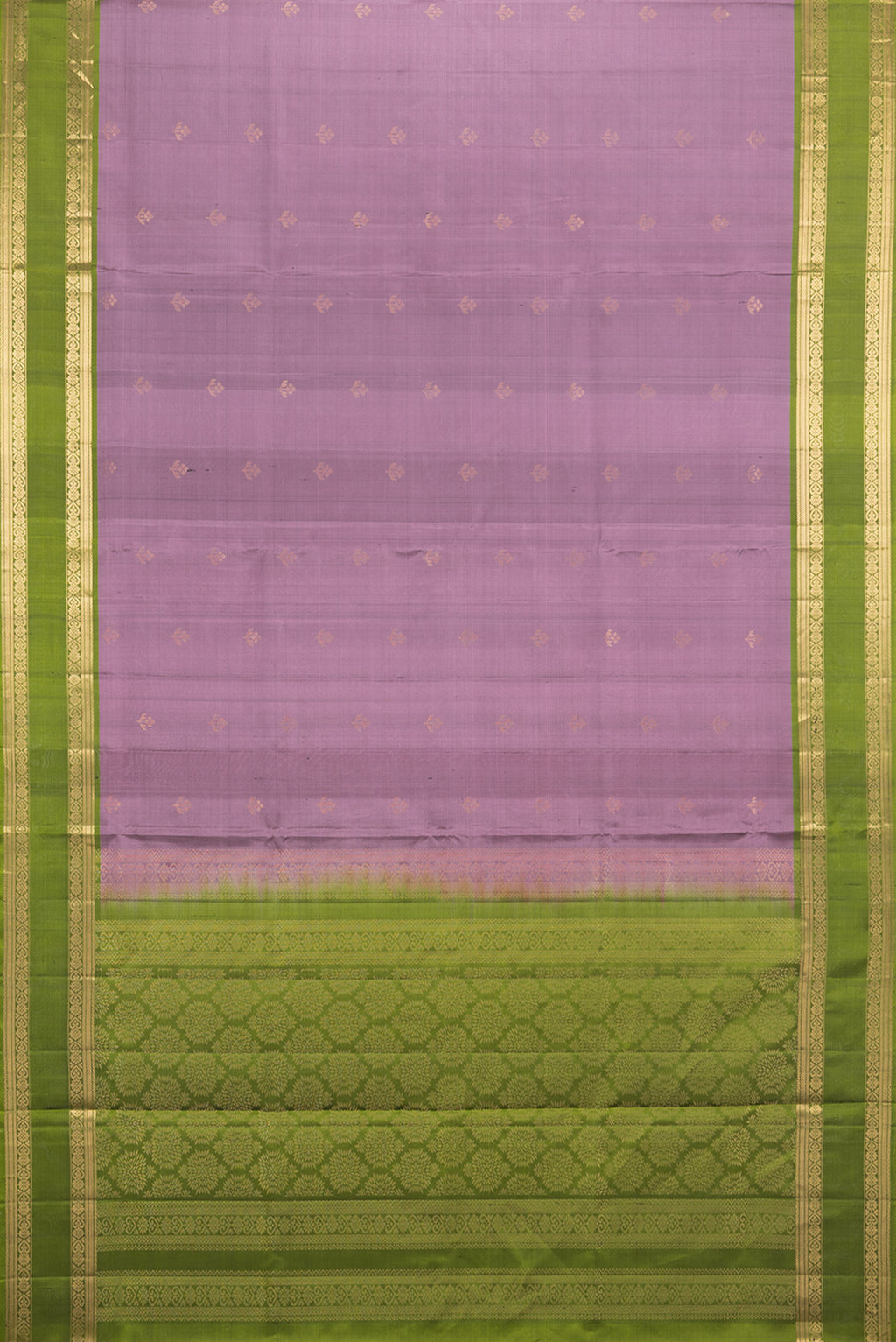 Flat view of Pure Silk Mauve Soft Saree with Zari Butta on the body and Zari Border. 