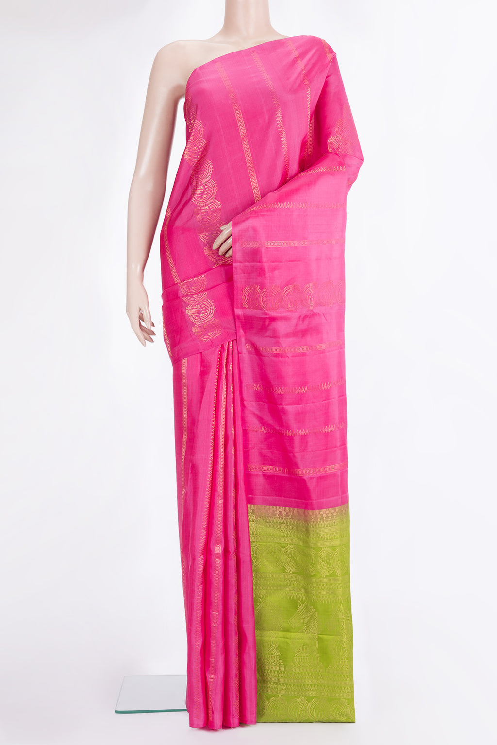 Pure Silk Pink Soft Saree with Stripes on the body and Without Border.  displayed on a mannequin