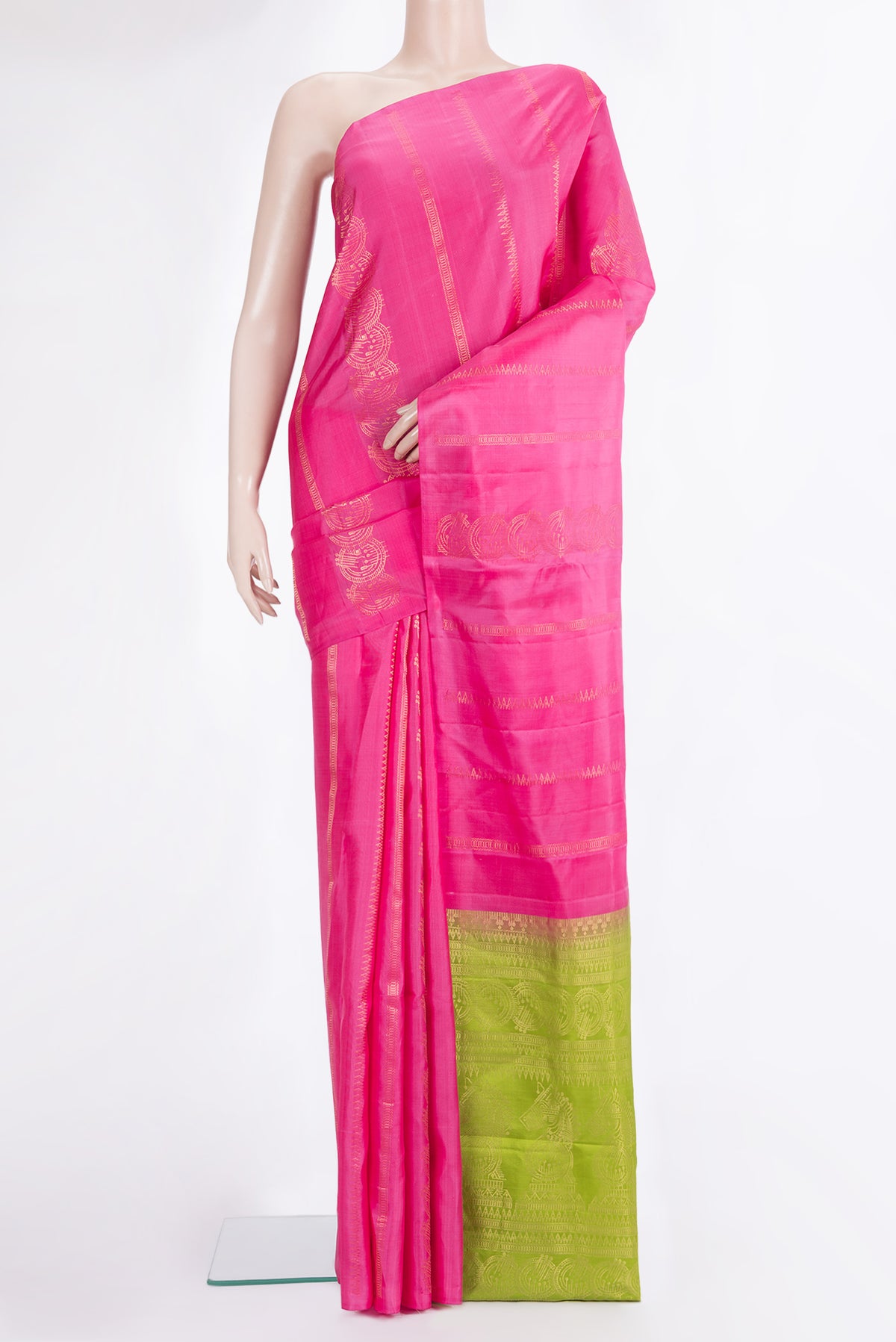 Pure Silk Pink Soft Saree with Stripes on the body and Without Border.  displayed on a mannequin