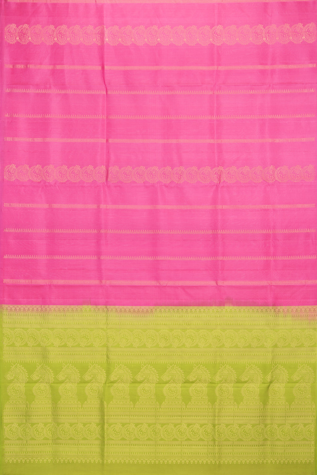 Flat view of Pure Silk Pink Soft Saree with Stripes on the body and Without Border. 