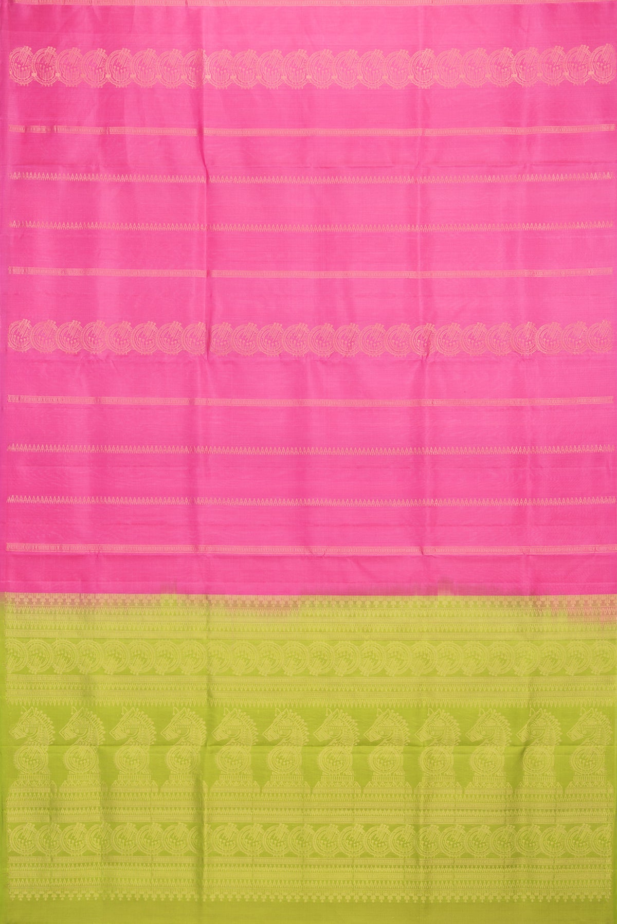 Flat view of Pure Silk Pink Soft Saree with Stripes on the body and Without Border. 
