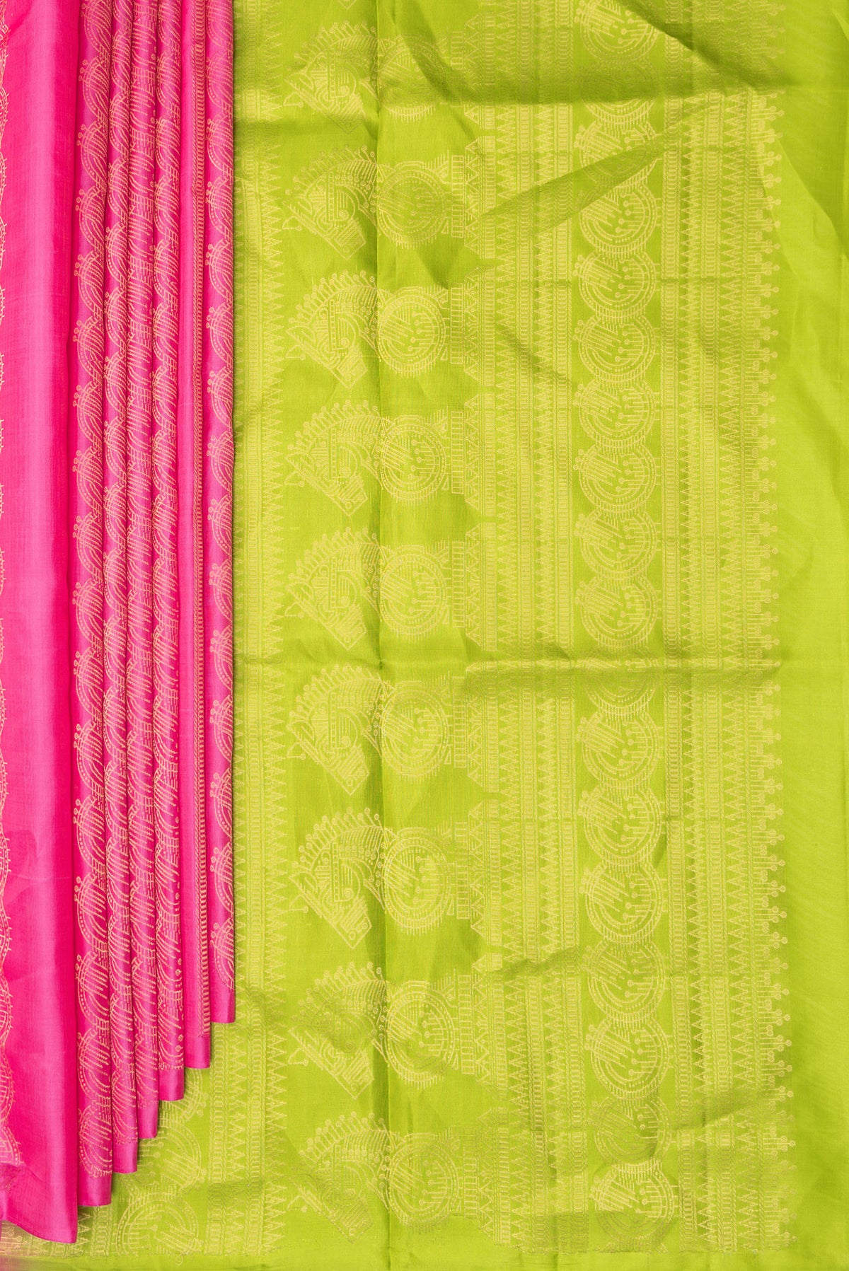 Pleats and pallu of Pure Silk Pink Soft Saree with Stripes on the body and Without Border. 