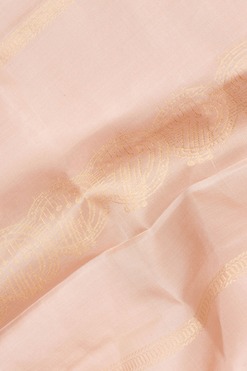 Close up of Pure Silk Beige Soft Saree with Stripes on the body and Without Border.  displaying folds
