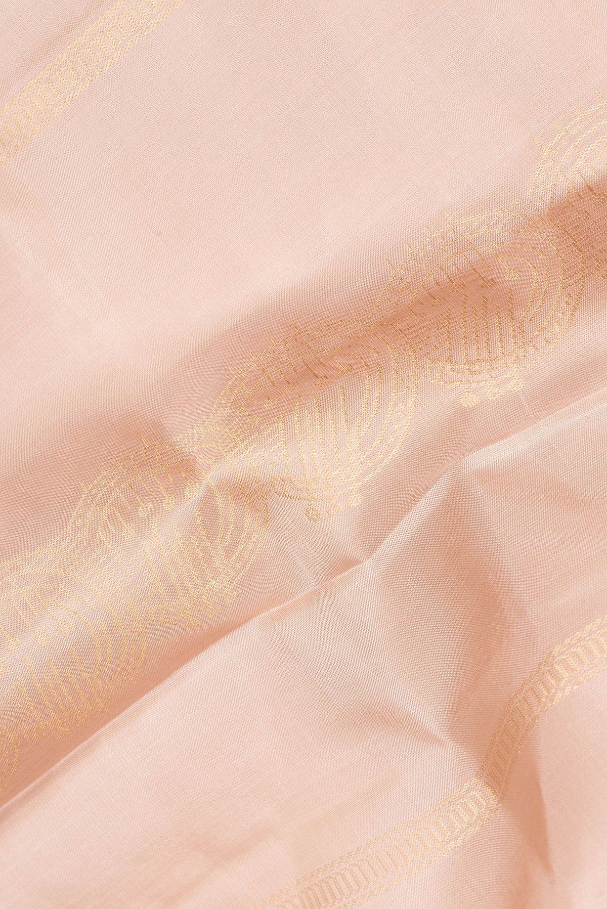 Close up of Pure Silk Beige Soft Saree with Stripes on the body and Without Border.  displaying folds