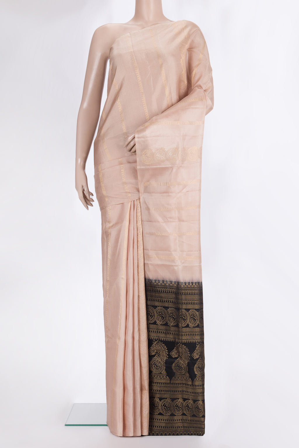 Pure Silk Beige Soft Saree with Stripes on the body and Without Border.  displayed on a mannequin