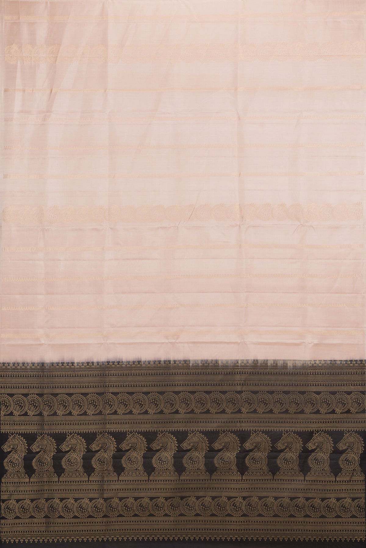 Flat view of Pure Silk Beige Soft Saree with Stripes on the body and Without Border. 