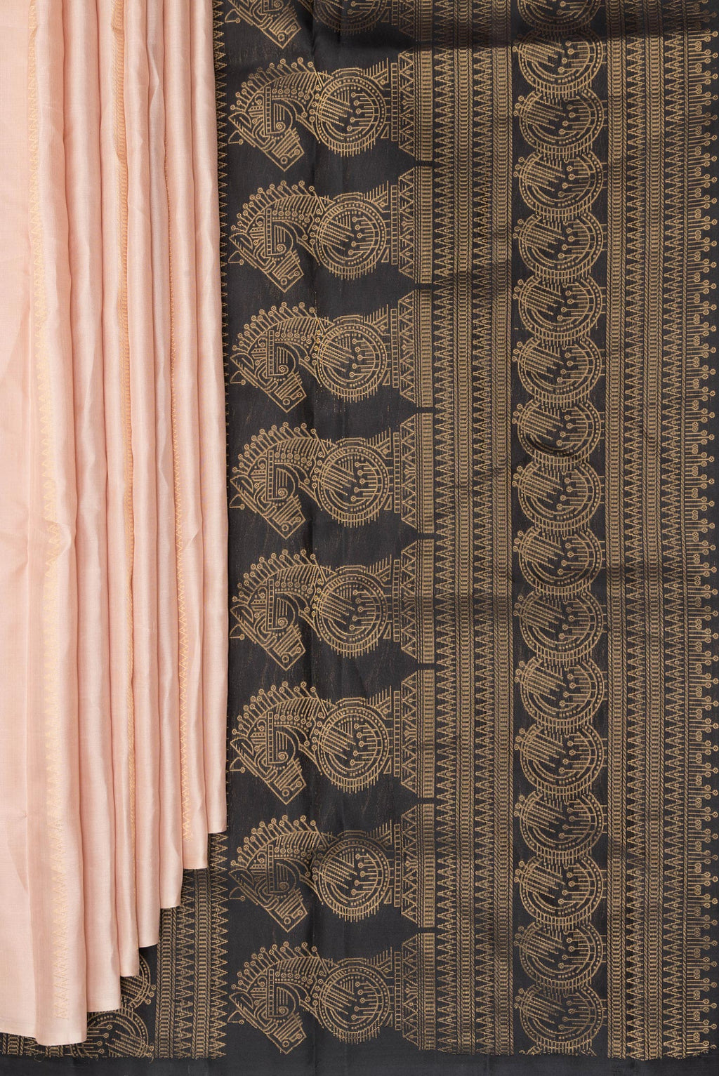 Pleats and pallu of Pure Silk Beige Soft Saree with Stripes on the body and Without Border. 