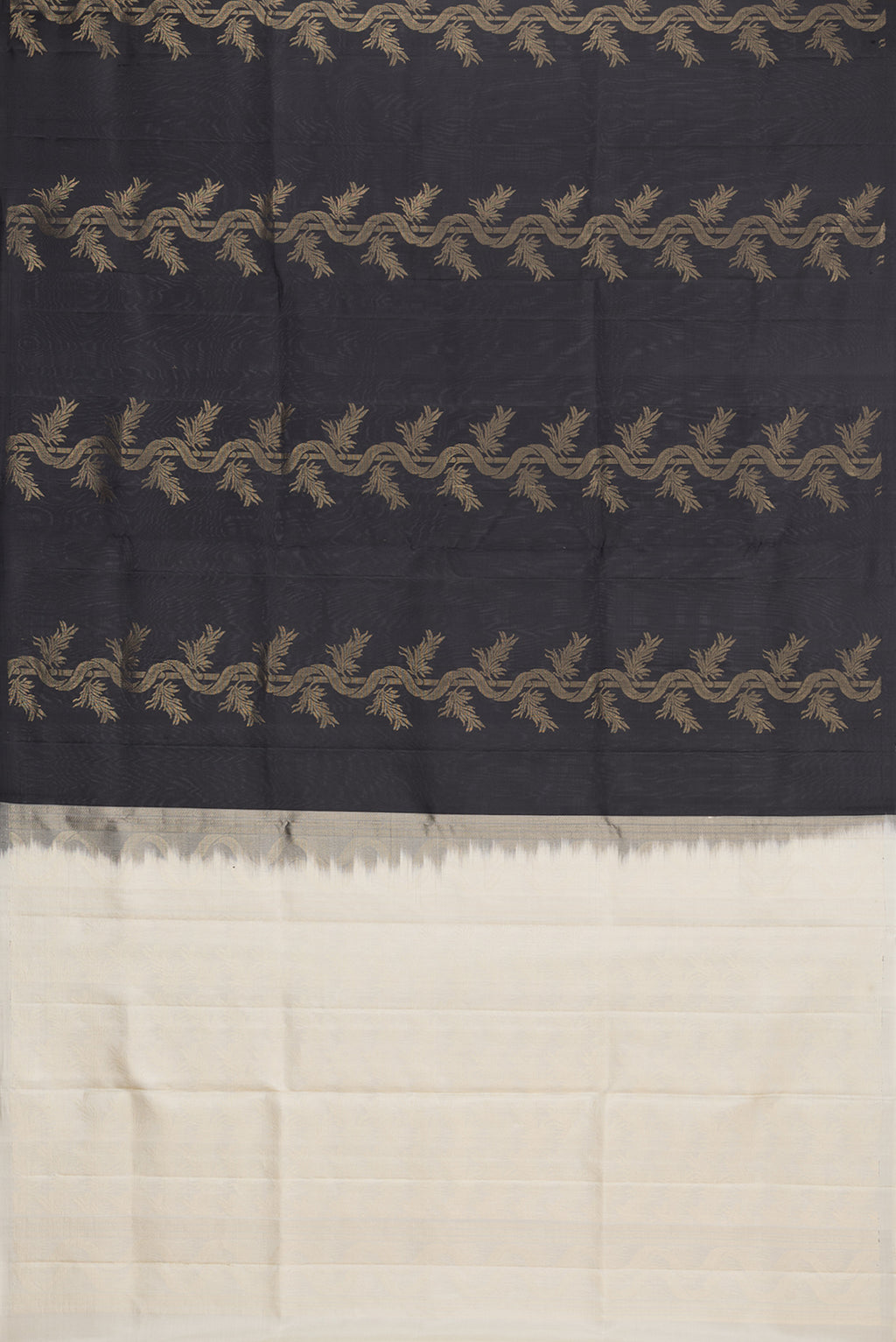 Flat view of Pure Silk Black Soft Saree with Zari Butta on the body and Without Border. 