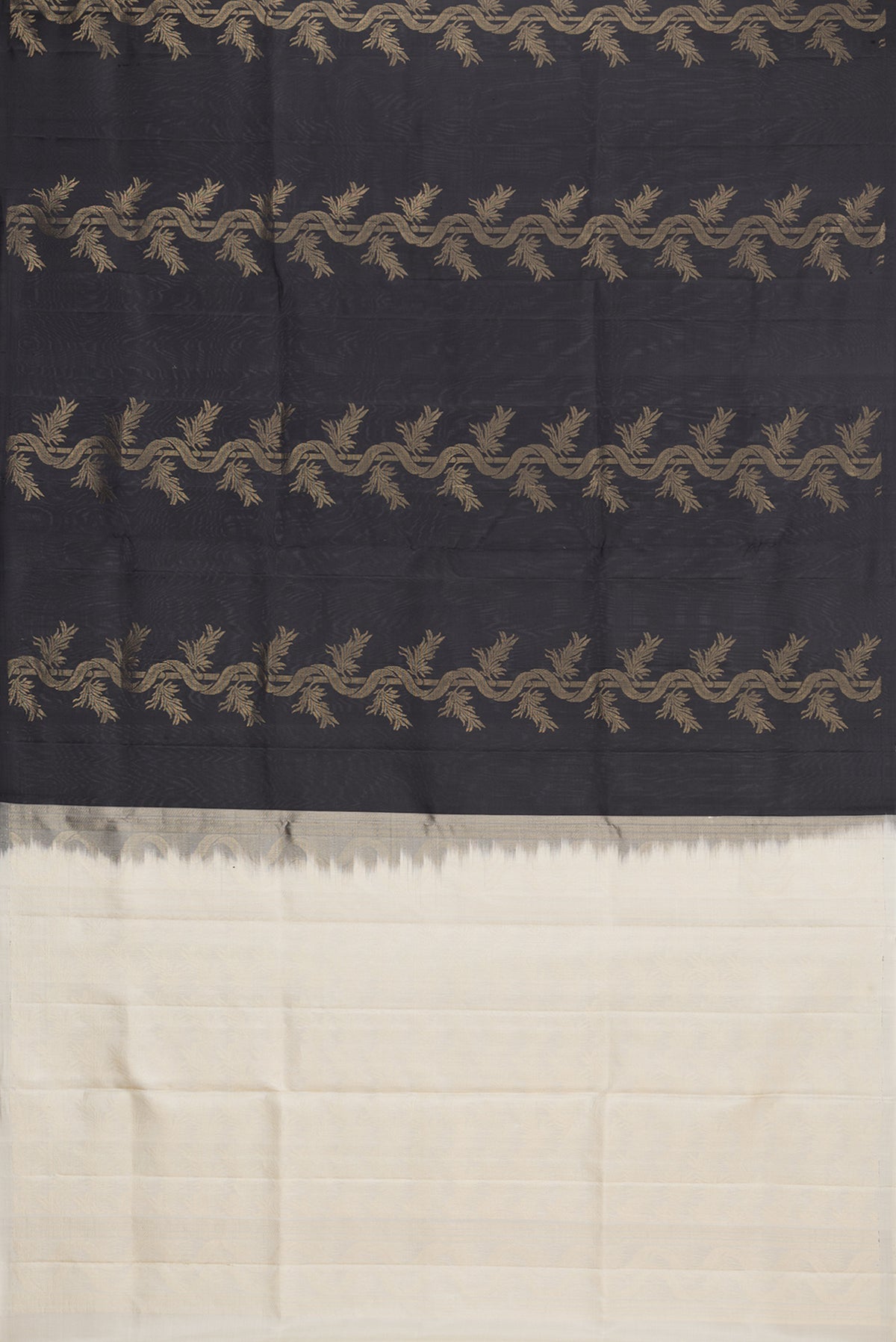 Flat view of Pure Silk Black Soft Saree with Zari Butta on the body and Without Border. 