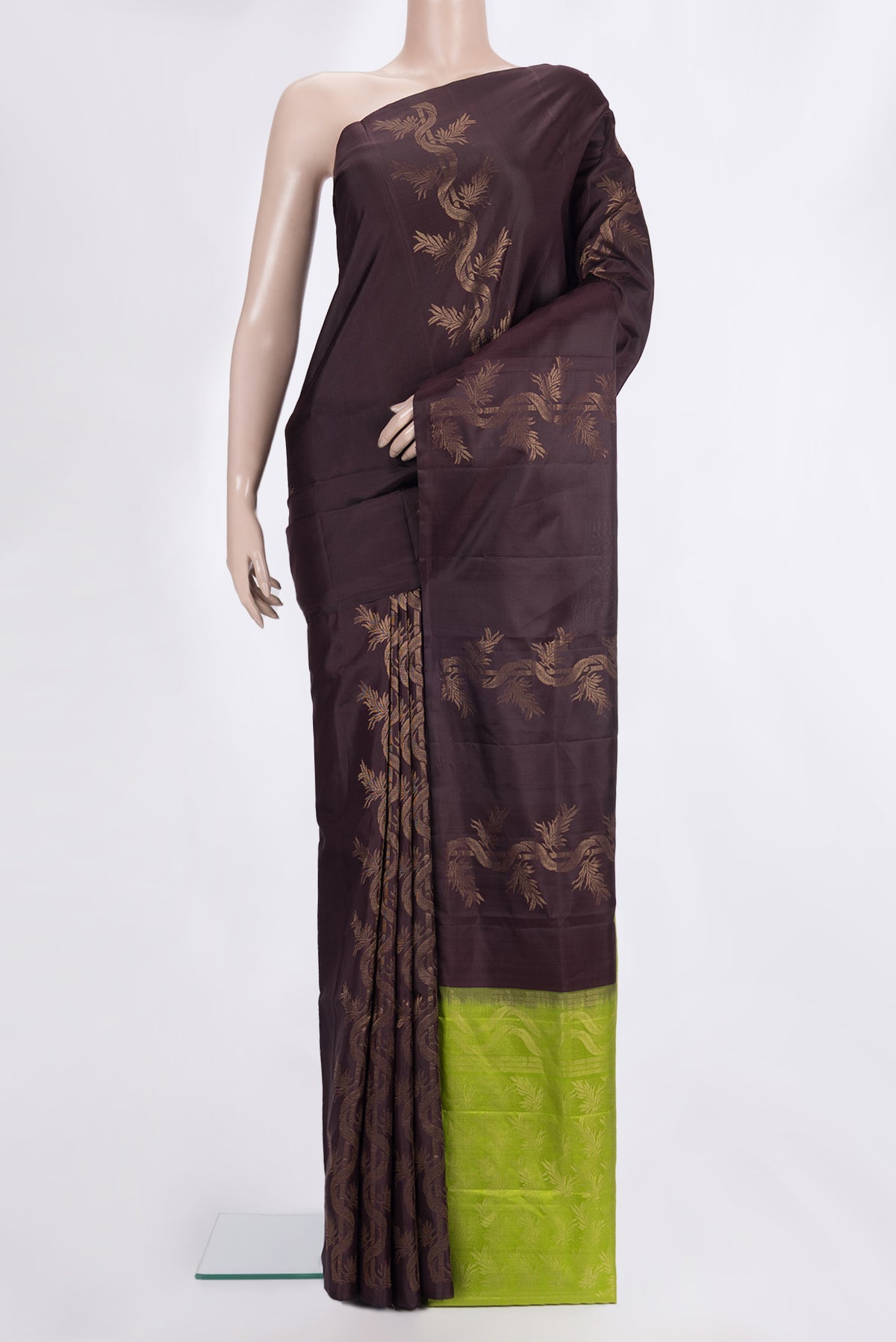 Pure Silk Coffee Brown Soft Saree with Zari Butta on the body and Without Border.  displayed on a mannequin