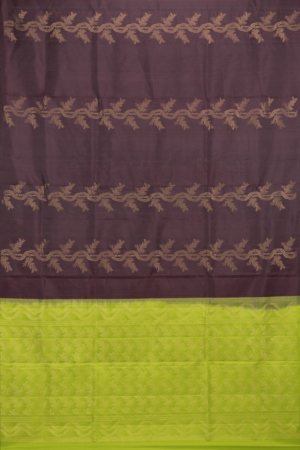 Flat view of Pure Silk Coffee Brown Soft Saree with Zari Butta on the body and Without Border. 
