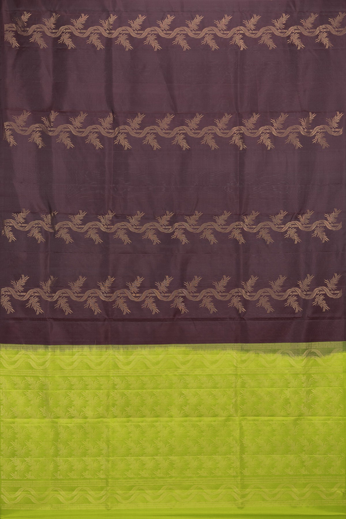 Flat view of Pure Silk Coffee Brown Soft Saree with Zari Butta on the body and Without Border. 