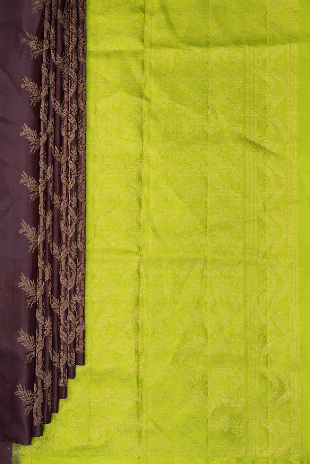 Pleats and pallu of Pure Silk Coffee Brown Soft Saree with Zari Butta on the body and Without Border. 