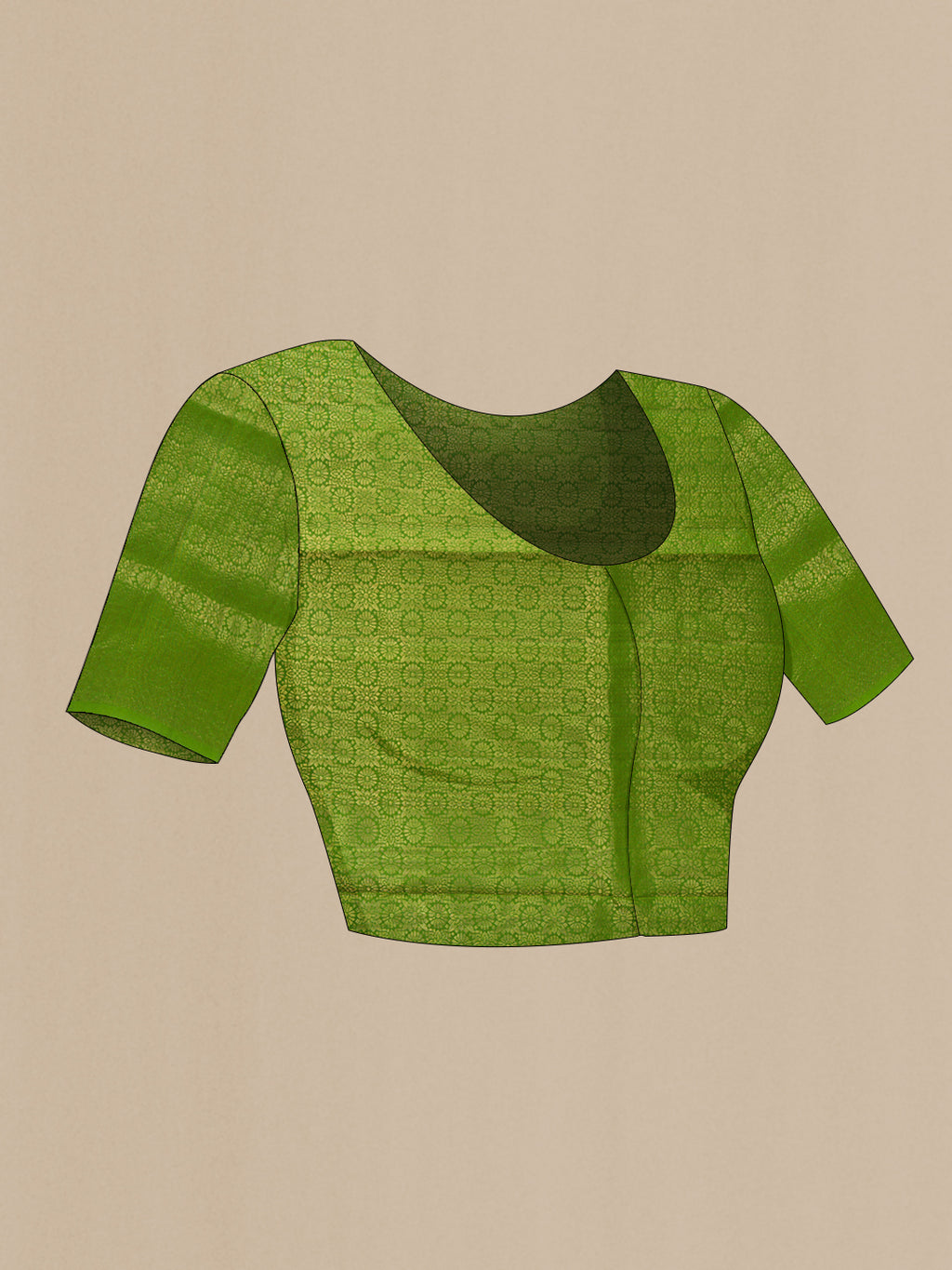 Close up image of the blouse of Pure Silk Green Soft Saree with Zari Butta on the body and Without Border. 