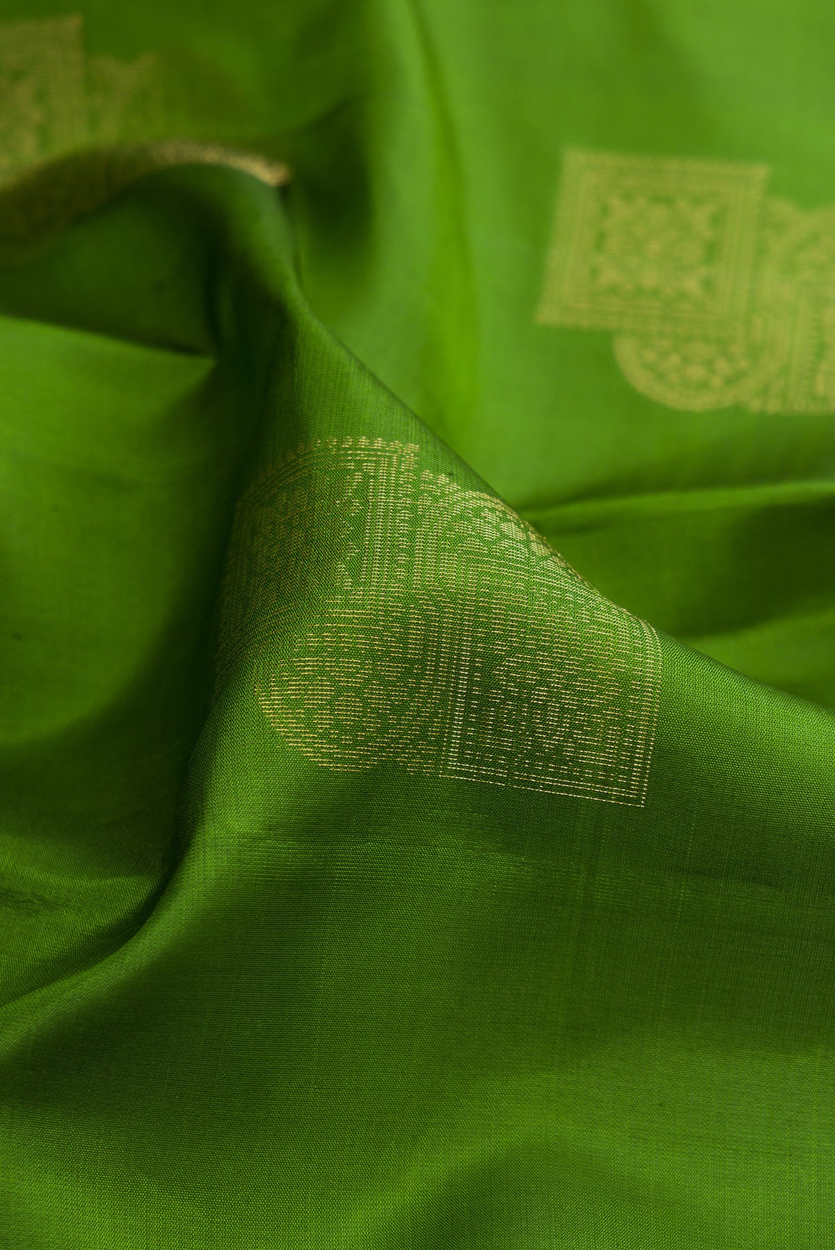 Close up of Pure Silk Green Soft Saree with Zari Butta on the body and Without Border.  displaying folds