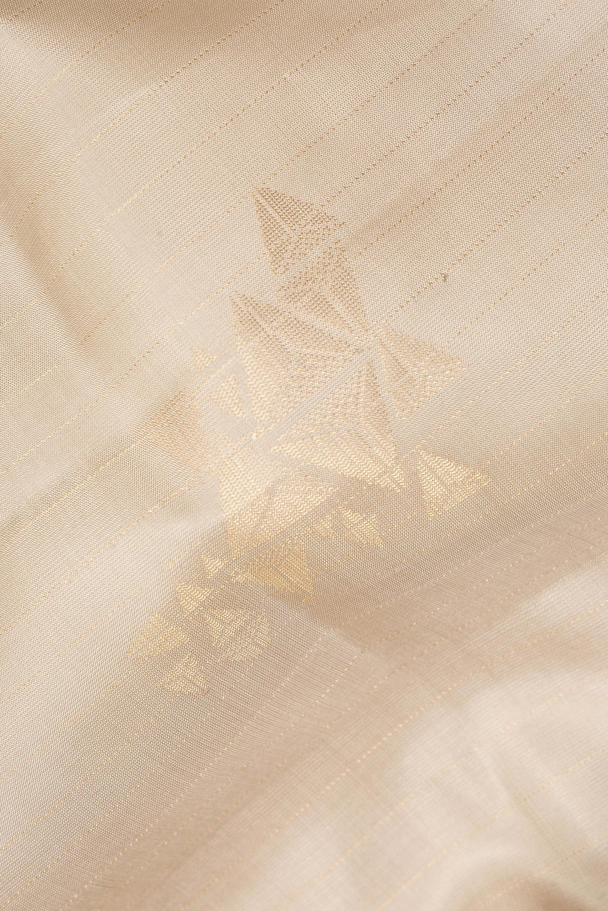 Close up of Pure Silk Beige Dual Tone Soft Saree with Zari Butta on the body and Without Border.  displaying folds