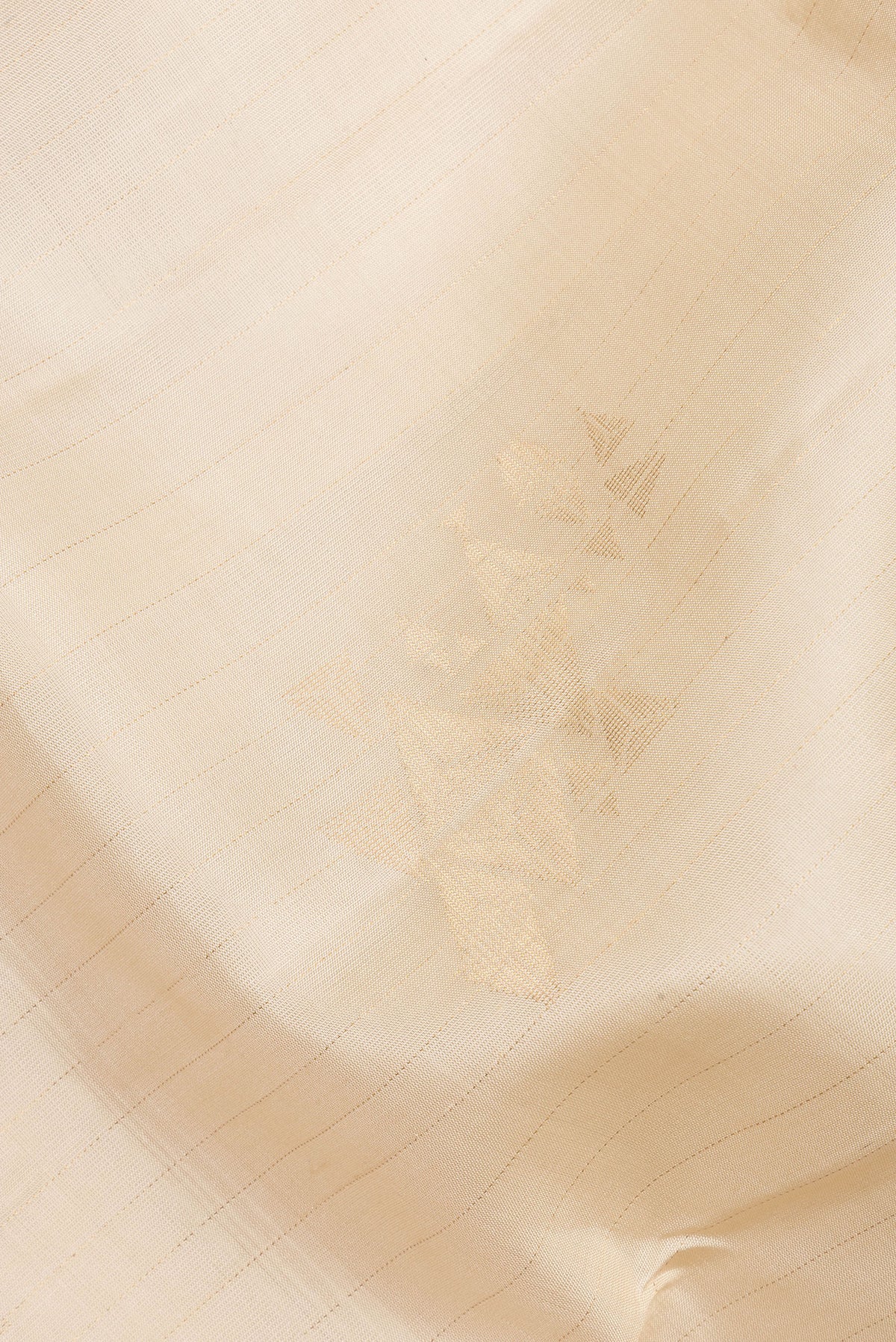 Close up of Pure Silk Beige Soft Saree with Zari Butta on the body and Without Border.  displaying folds