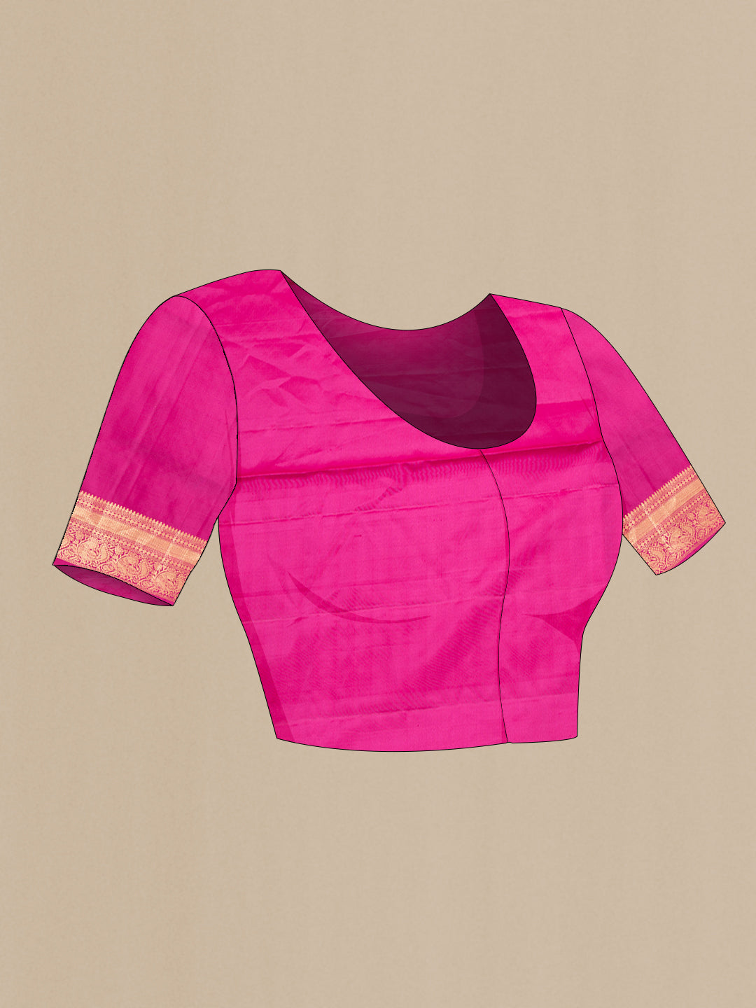 Close up image of the blouse of Pure Silk Dark Pink Soft Saree with Zari Butta on the body and Zari Border. 
