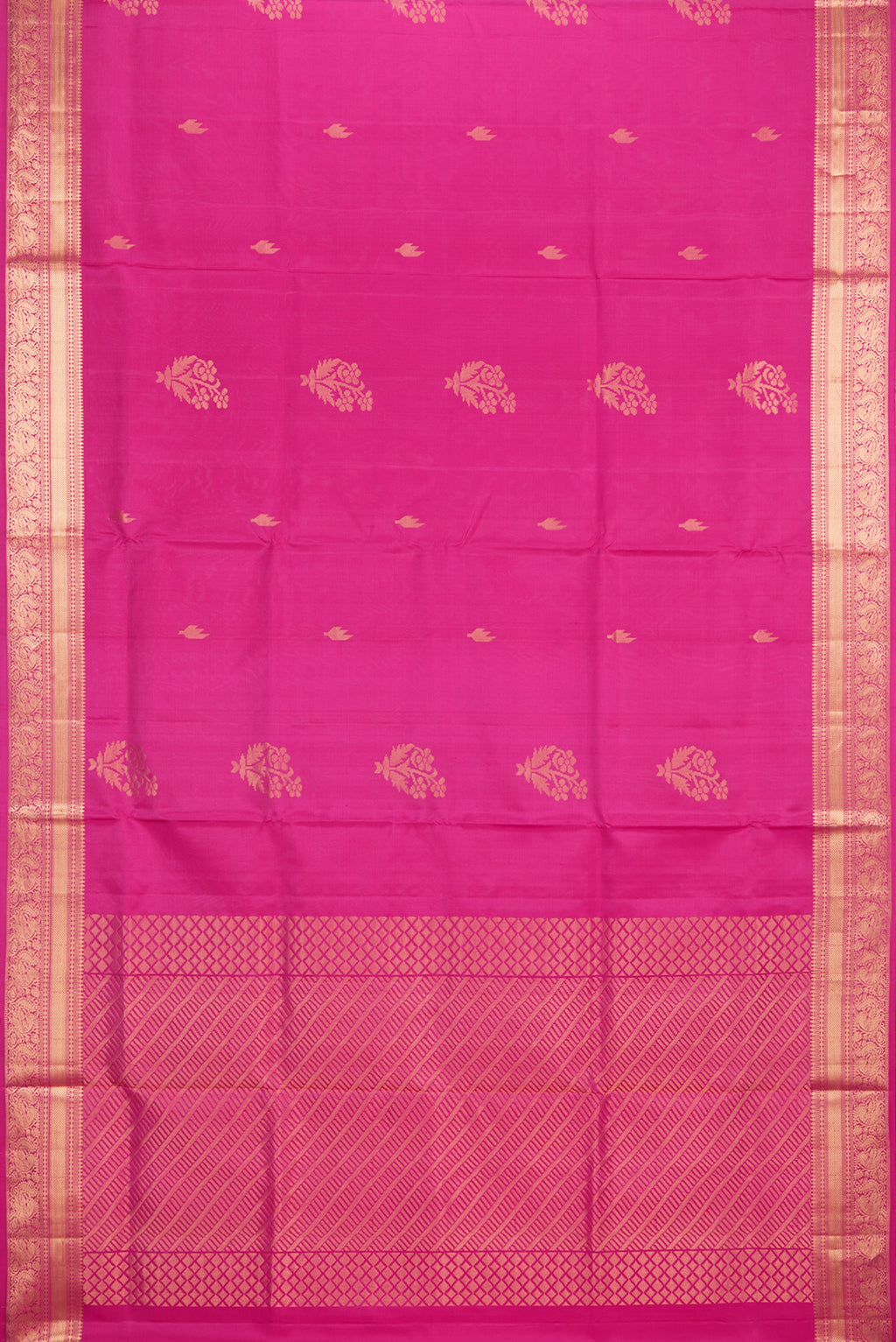Flat view of Pure Silk Dark Pink Soft Saree with Zari Butta on the body and Zari Border. 