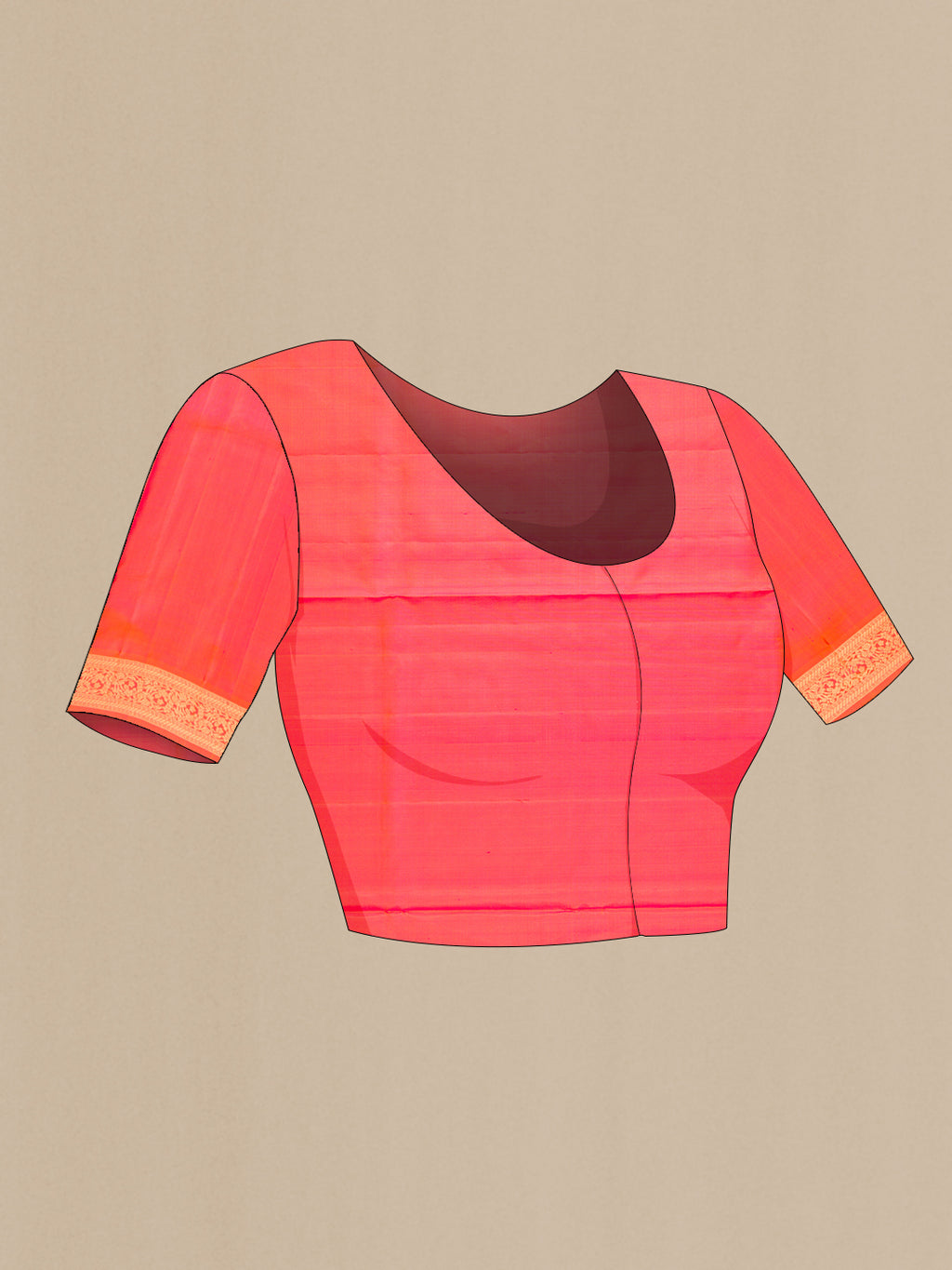 Close up image of the blouse of Pure Silk Coral Dual Tone Soft Saree with Zari Butta on the body and Zari Border. 