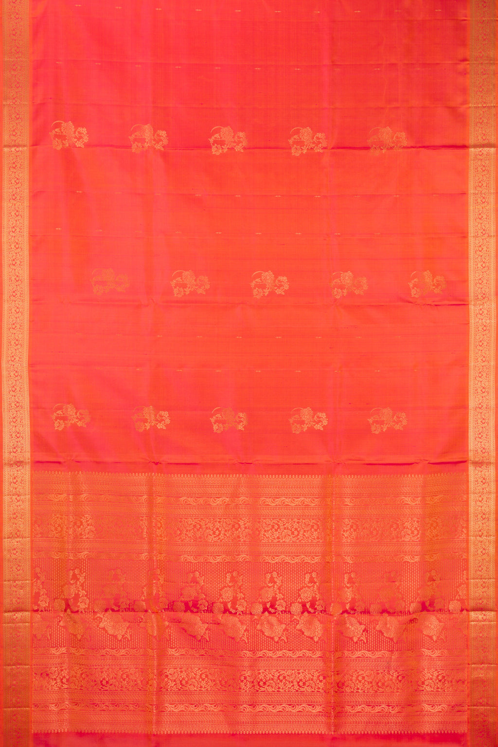 Flat view of Pure Silk Coral Dual Tone Soft Saree with Zari Butta on the body and Zari Border. 
